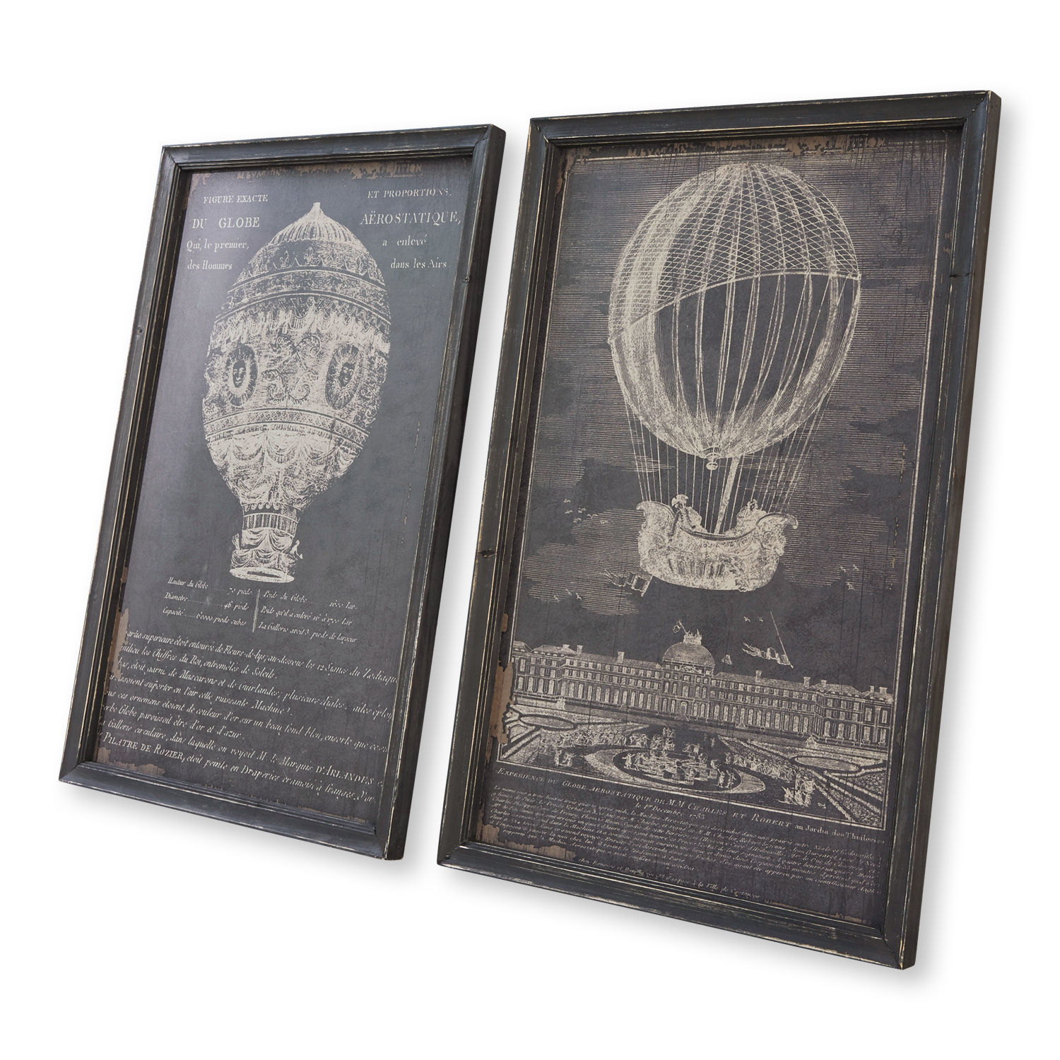 Set de 2 cuadros Ortarsis Conjunto de dos cuadros negros con dibujos blancos de globos aerostáticos vintage para decoración