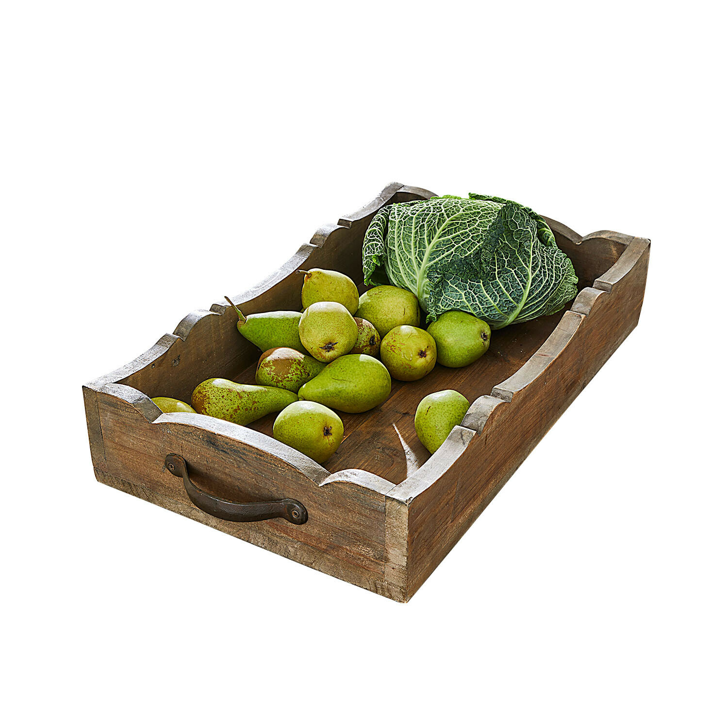 Bandeja Tjorna Bandeja de madera con asas, llena de peras verdes y hojas de col, estilo rústico