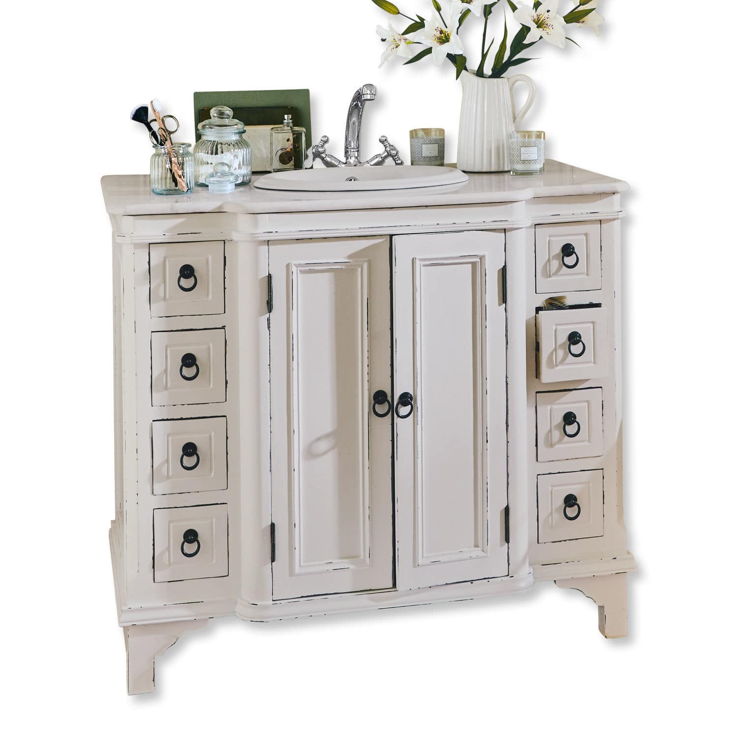 blanco envejecido Mueble de lavabo Sunderland de madera en blanco antiguo con lavabo y varios cajones para baño
