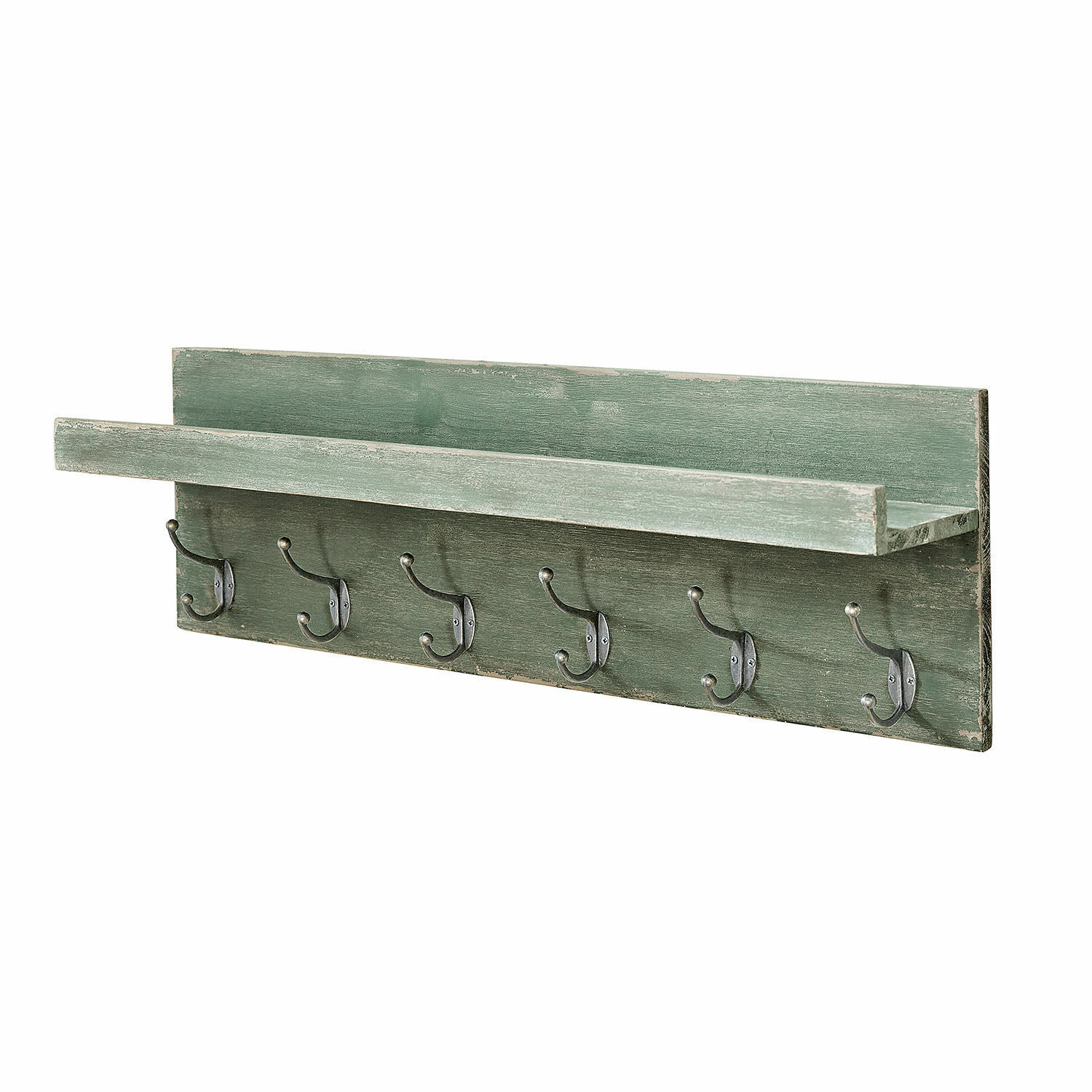 Estante de pared Hoboken Perchero de pared de madera verde con estante y seis ganchos metálicos para el recibidor