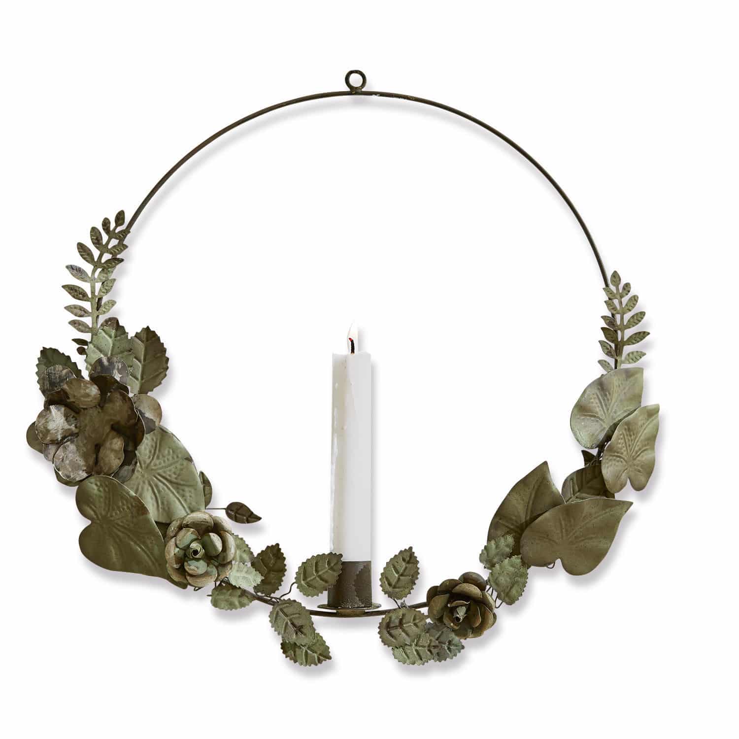 Candelabro Néville Corona metálica con hojas verdes y vela central, decoración de pared para interiores