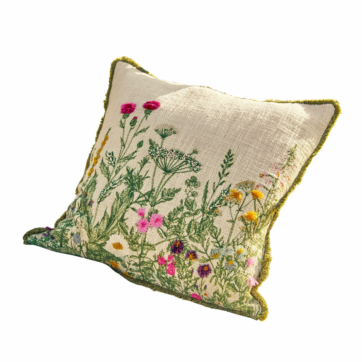 Funda de cojín Aranno Cojín beige de tela con bordado de flores silvestres y borde verde, decoración para sala