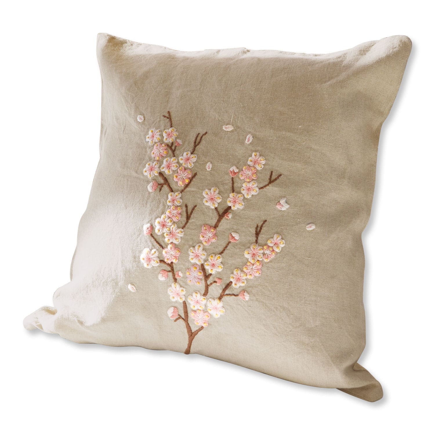 Funda de cojín Carrol Cojín beige de lino con bordado floral rosa, decoración elegante para salón