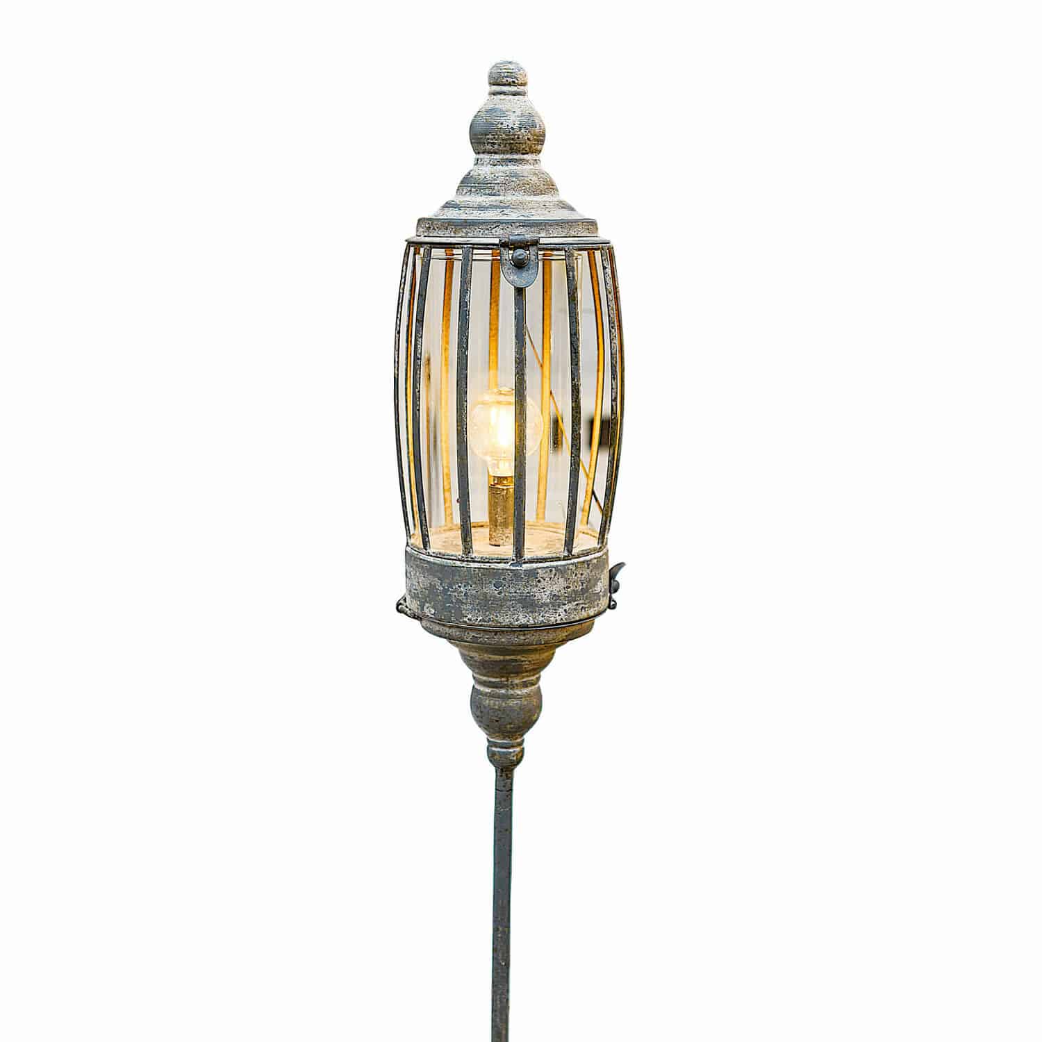 Farol LED recargable Lagia Lámpara de jardín decorativa de metal plateado envejecido con bombilla visible y jaula de barrotes