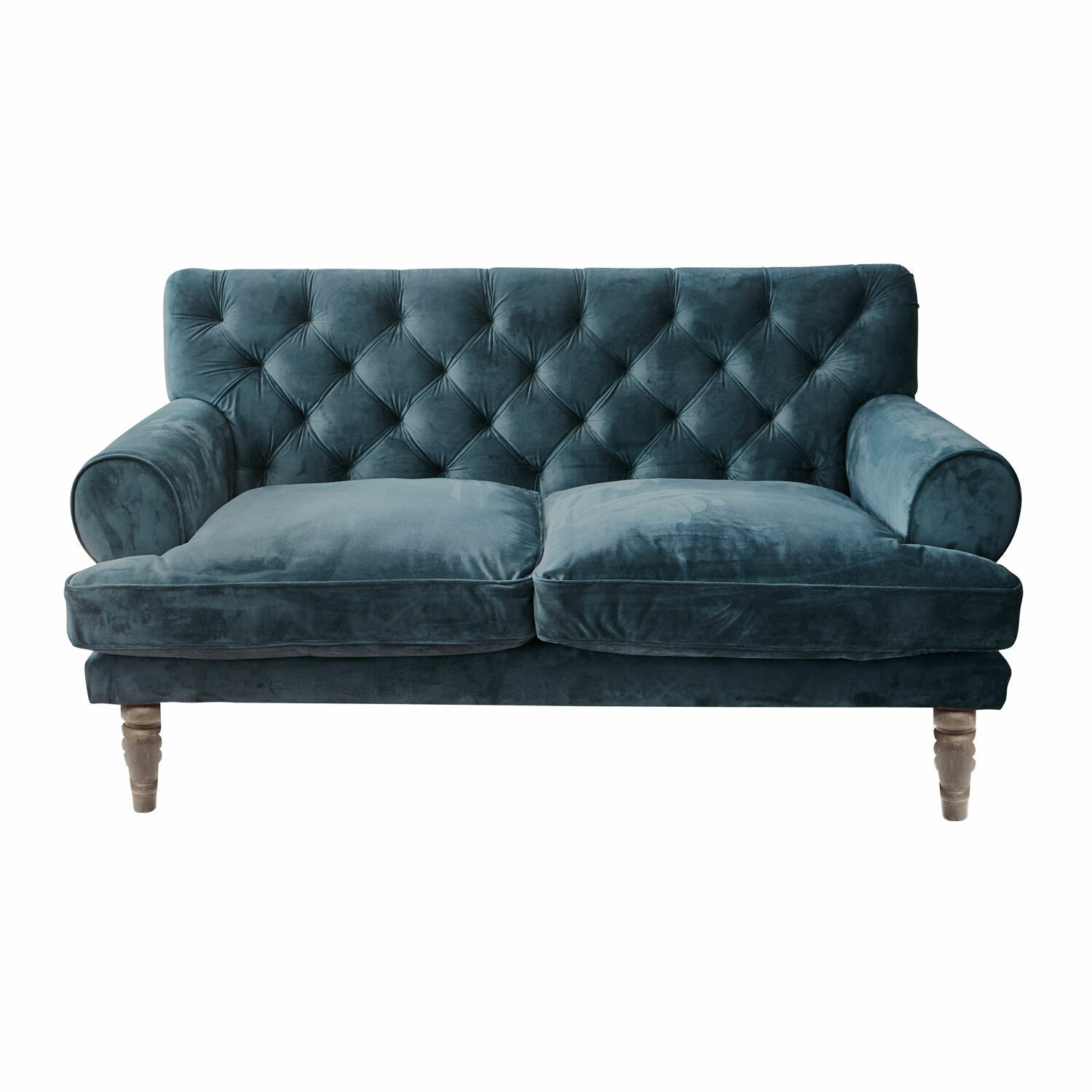 azul Sofá azul de terciopelo con respaldo capitoné y patas de madera para salón moderno