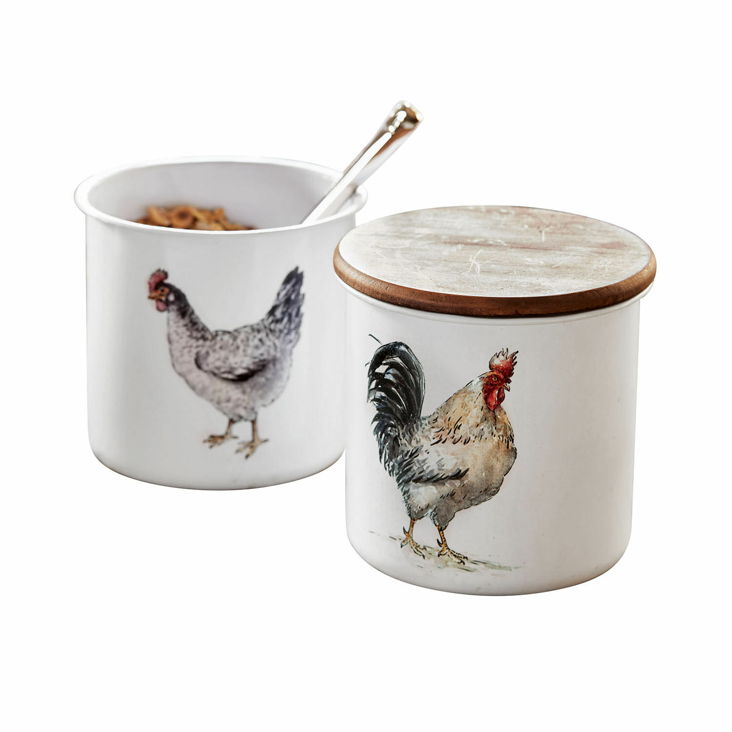 Set de 2 tarros Nobles Recipientes de cerámica blanca con tapa de madera y diseño de gallina y gallo para cocina