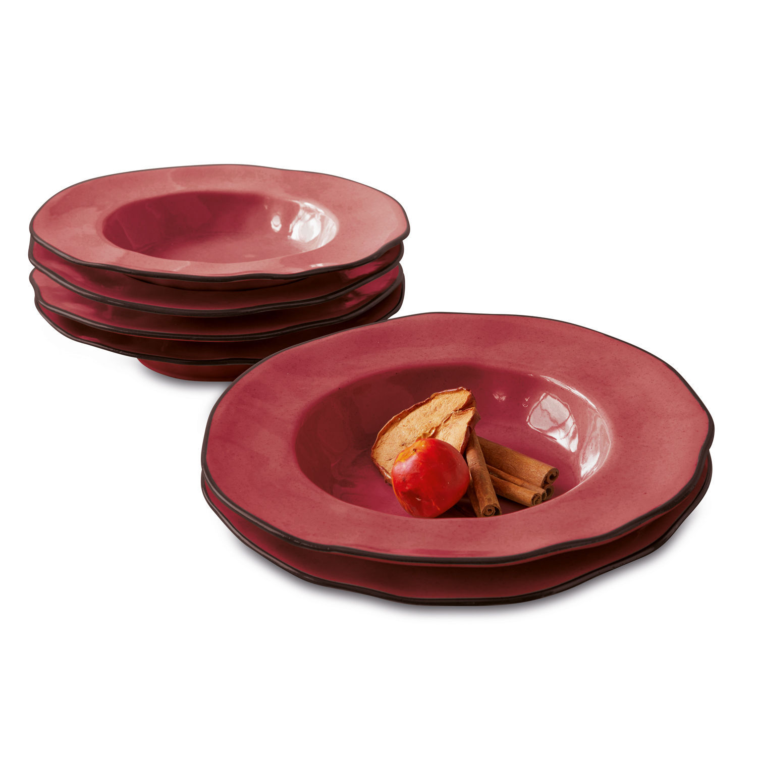 Set de 6 platos hondos Biarré Juego de platos hondos de cerámica roja con borde decorativo para servir sopa