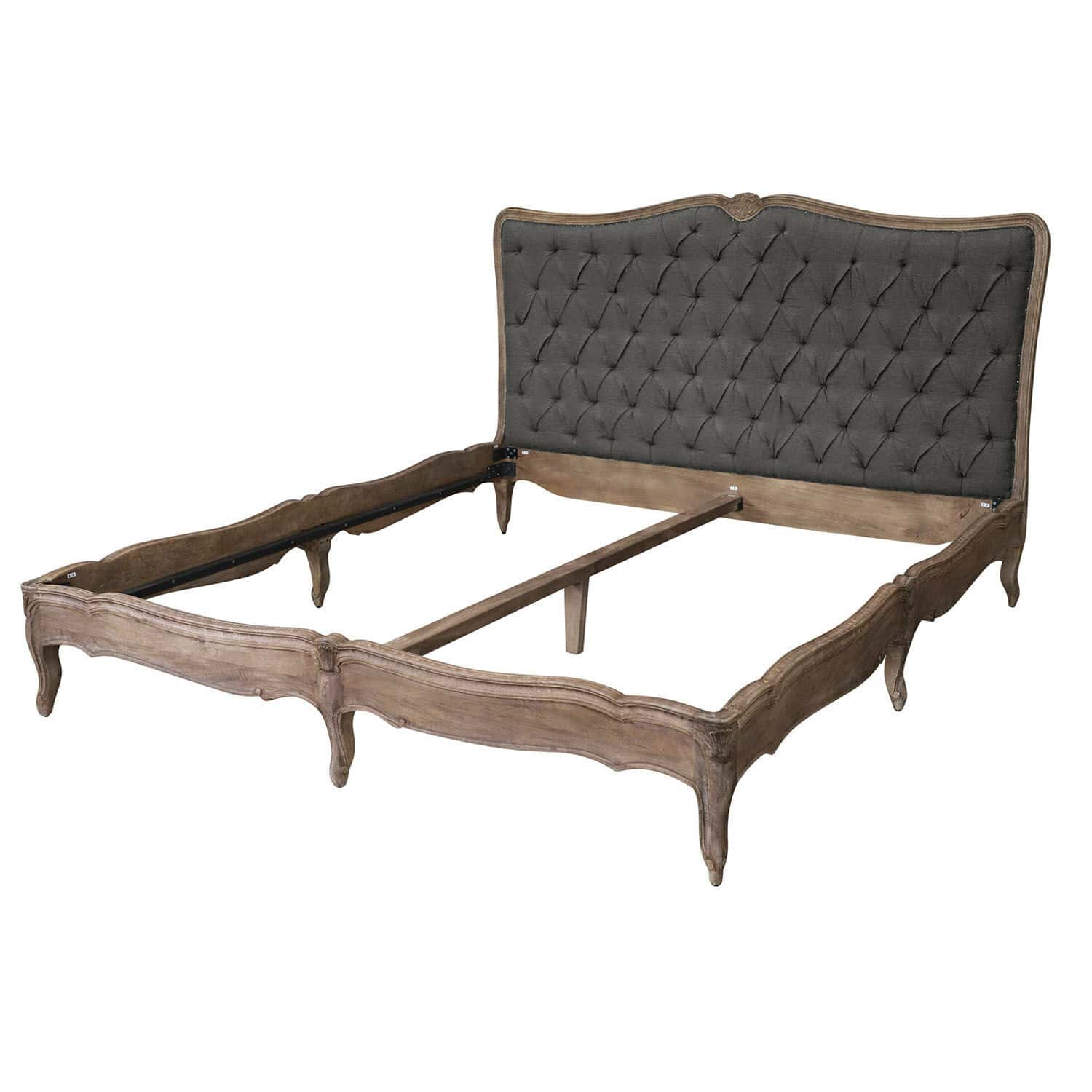 gris/marrón Cama Declaire con cabecero tapizado gris y estructura de madera marrón, estilo vintage