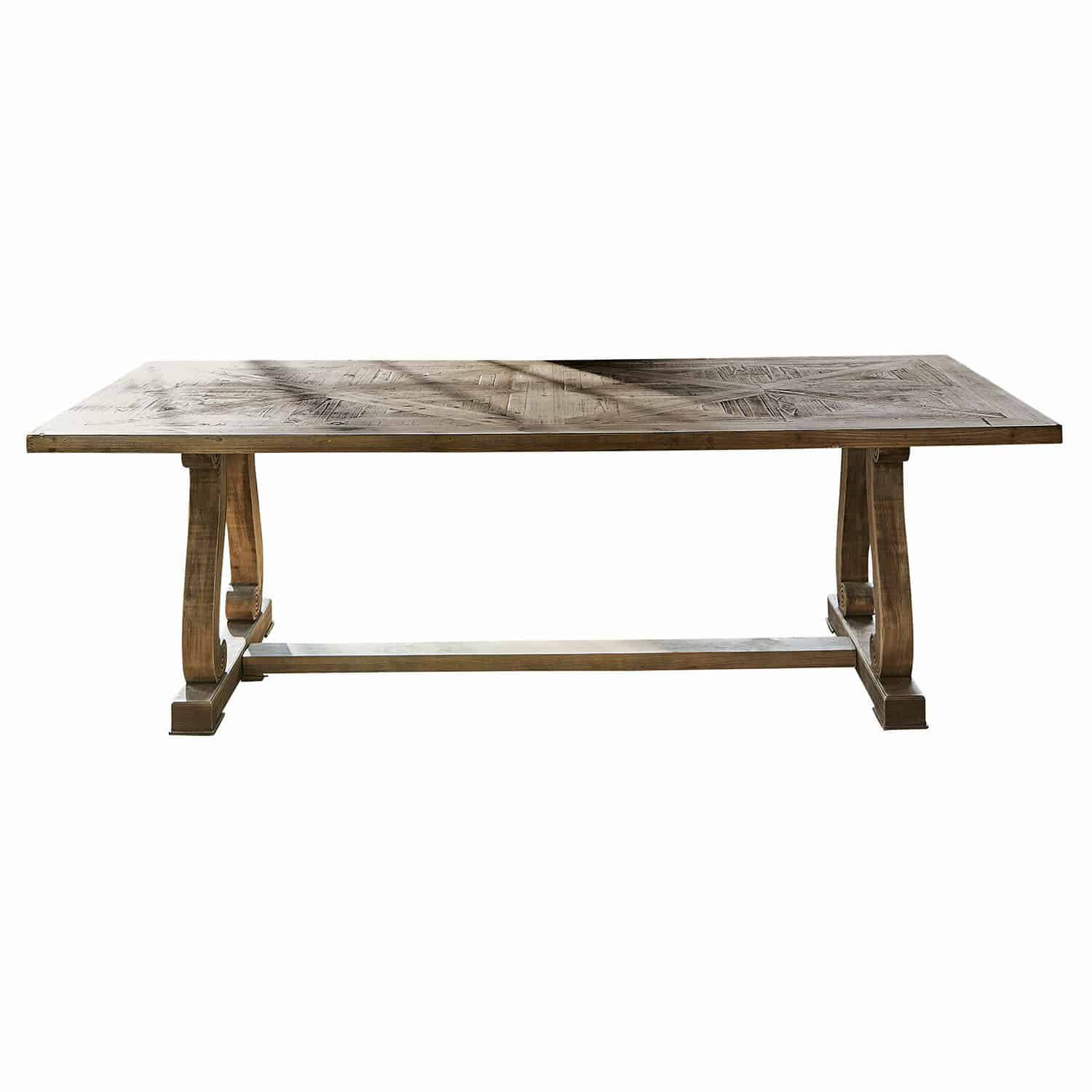 Mesa Campbelltown Mesa grande de madera con tablero rústico y patas decorativas, mueble de comedor