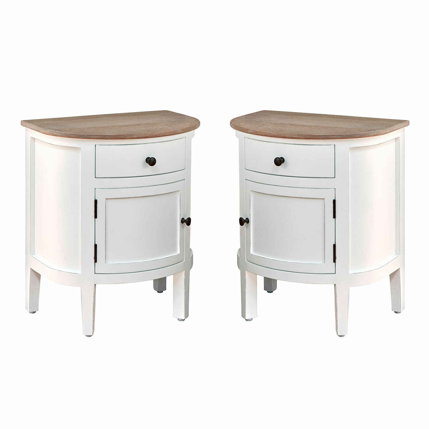 Set de 2 mesillas de noche Arvelin Par de mesitas de esquina blancas de madera con cajón y tapa de madera clara para salón