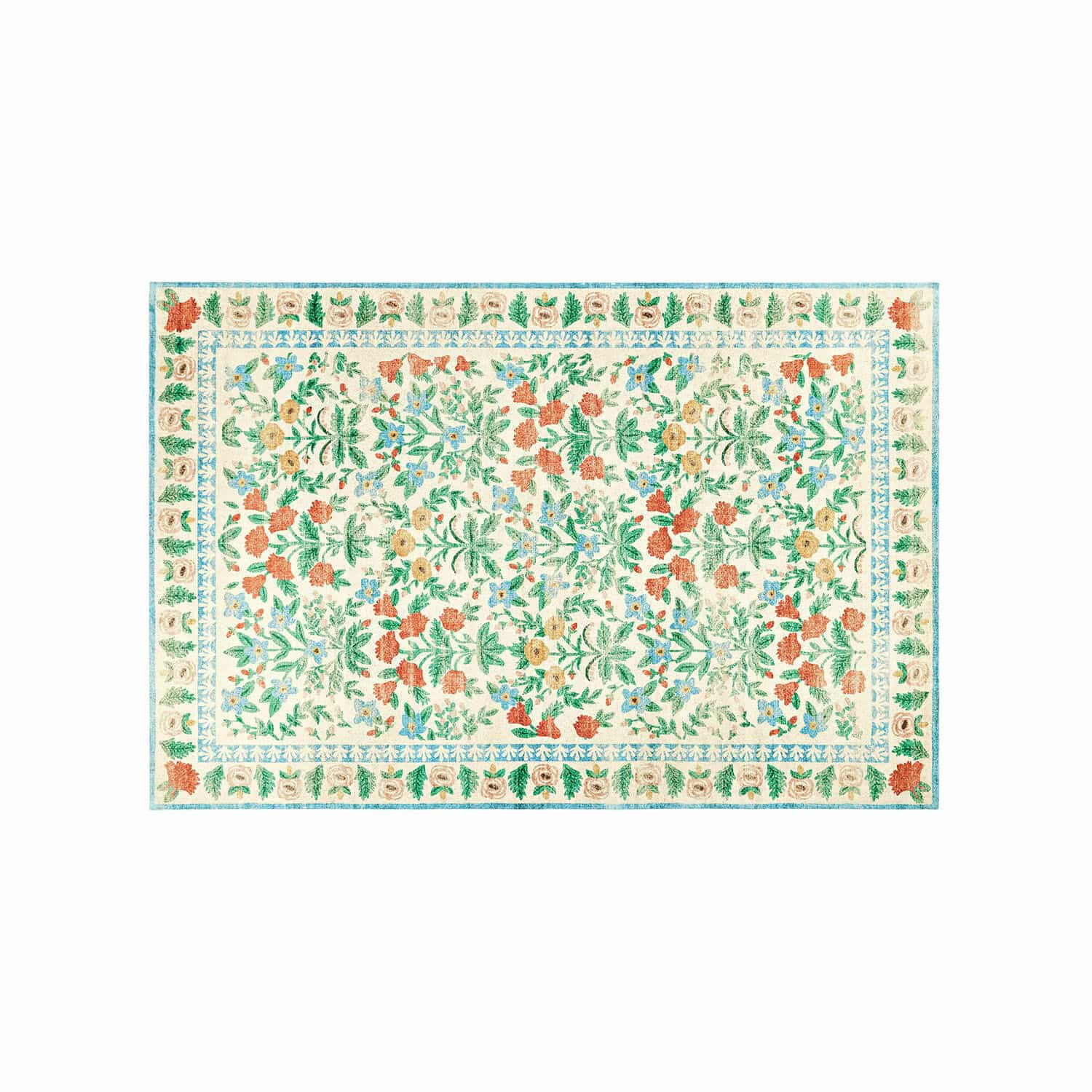 Alfombra Jallorin colorida con diseño floral sobre fondo crema, decoración para sala