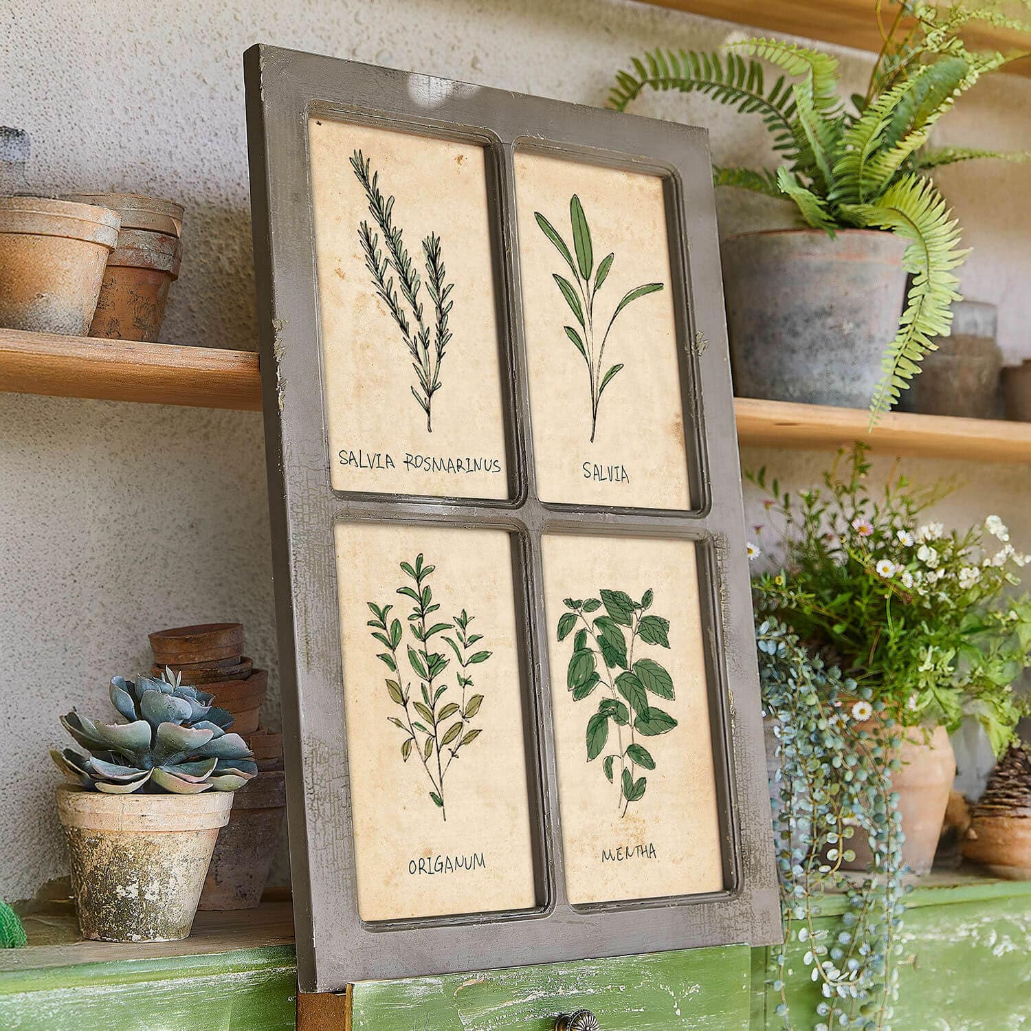 Cuadro Beaurive Cuadro decorativo con cuatro ilustraciones de hierbas sobre fondo beige en marco gris, estilo rústico