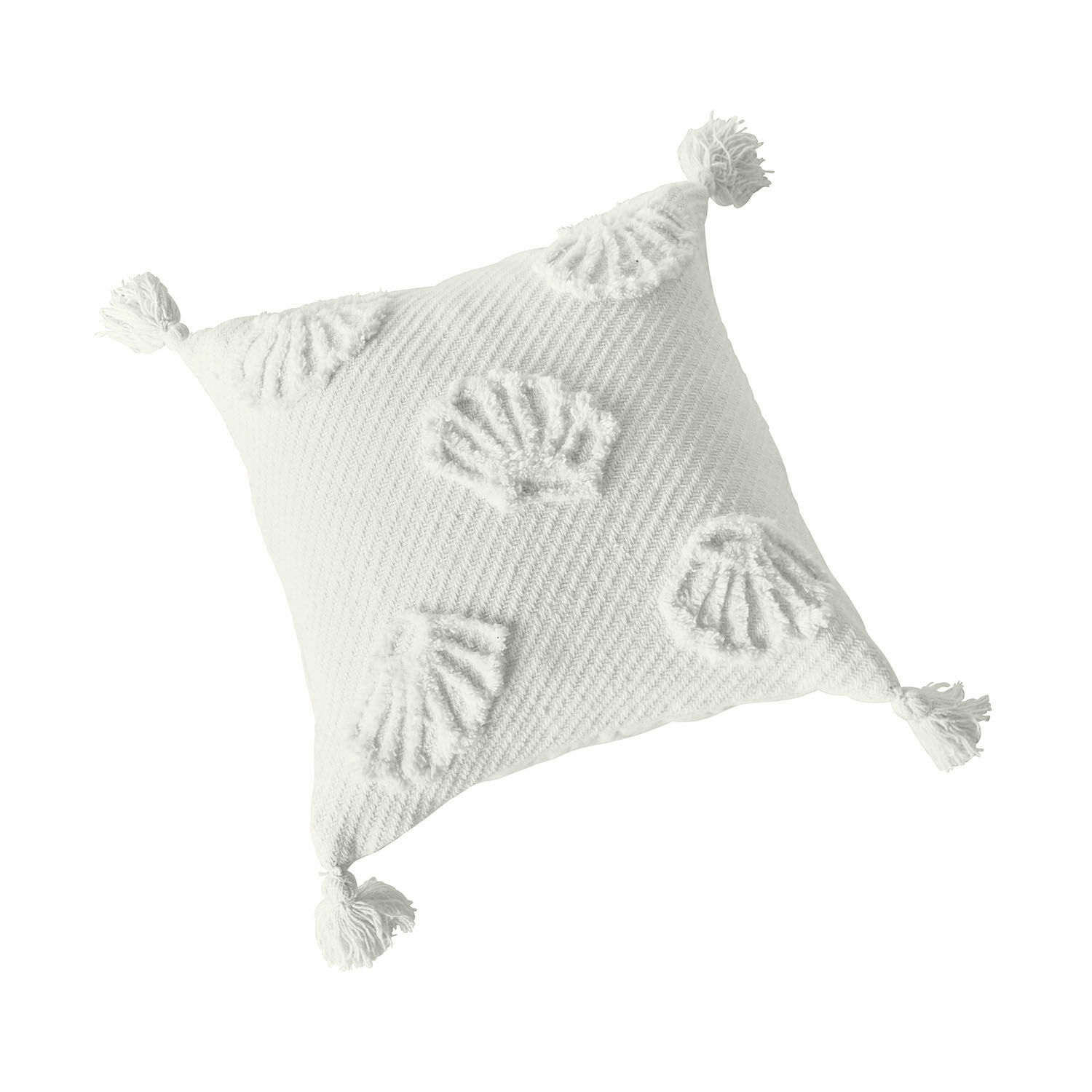 Funda de cojín Saroufa Cojín decorativo blanco de algodón con borlas y diseño de conchas, textil para sala