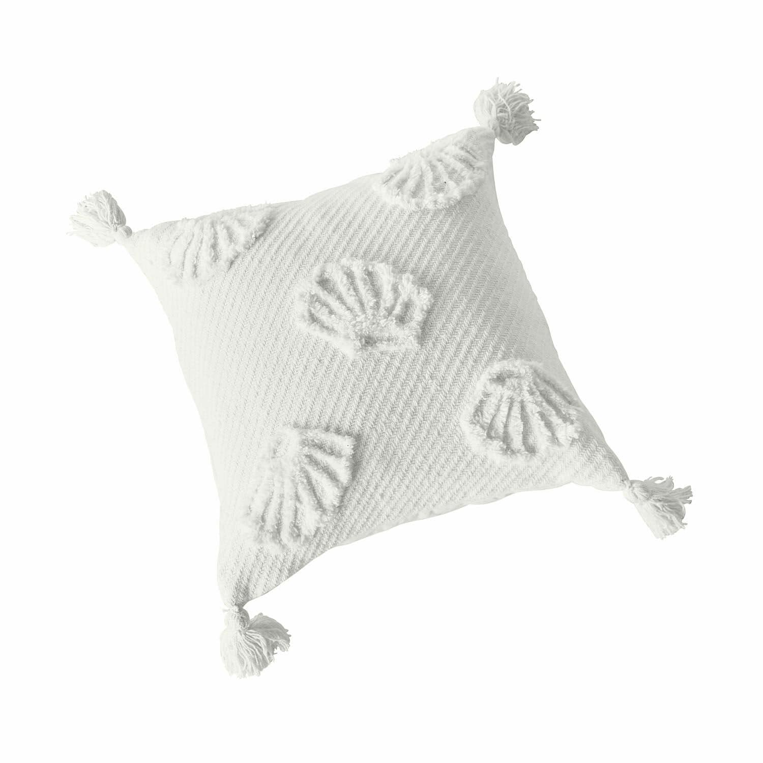 Funda de cojín Saroufa Cojín decorativo blanco de algodón con borlas y diseño de conchas, textil para sala