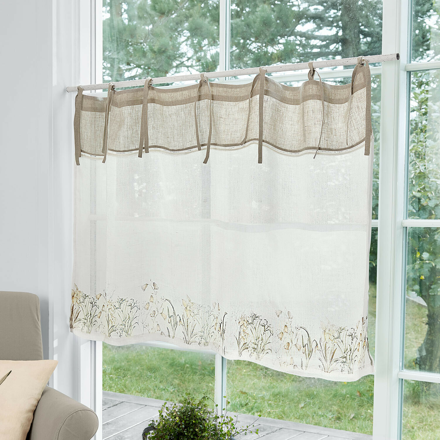 Visillo Lozere Cortina de lino beige con diseño floral en la parte inferior, visillo decorativo para salón o cocina