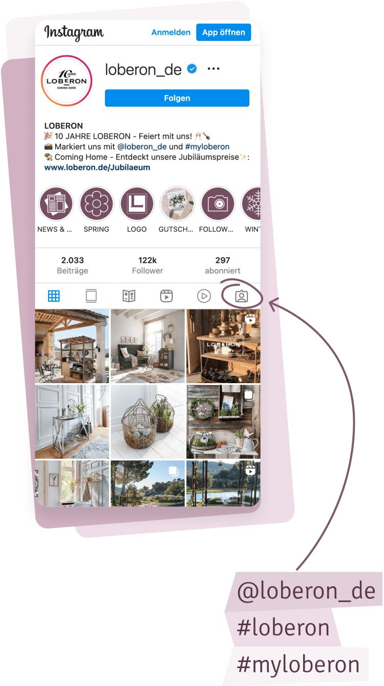 Captura de pantalla del perfil de Instagram loberon_de con 122k seguidores y fotos de interiores