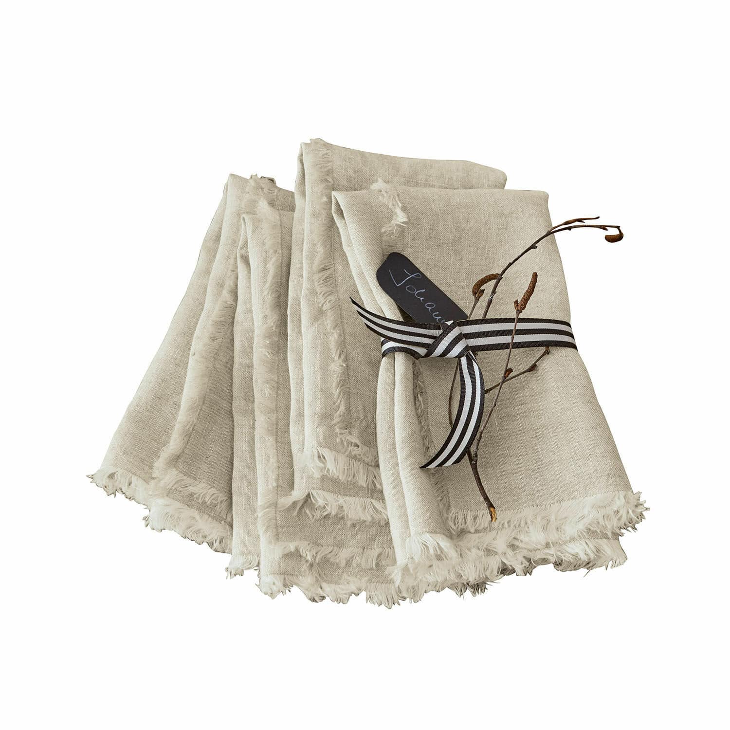 Set de 4 servilletas Largo Juego de servilletas de lino beige con flecos y lazo decorativo, textiles para mesa