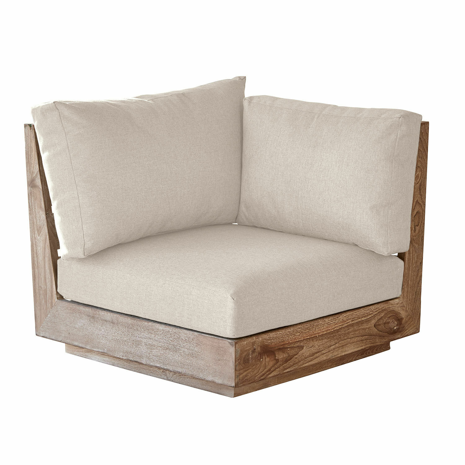 Elemento de esquina crema de tela con estructura de madera marrón, mueble cómodo para sala