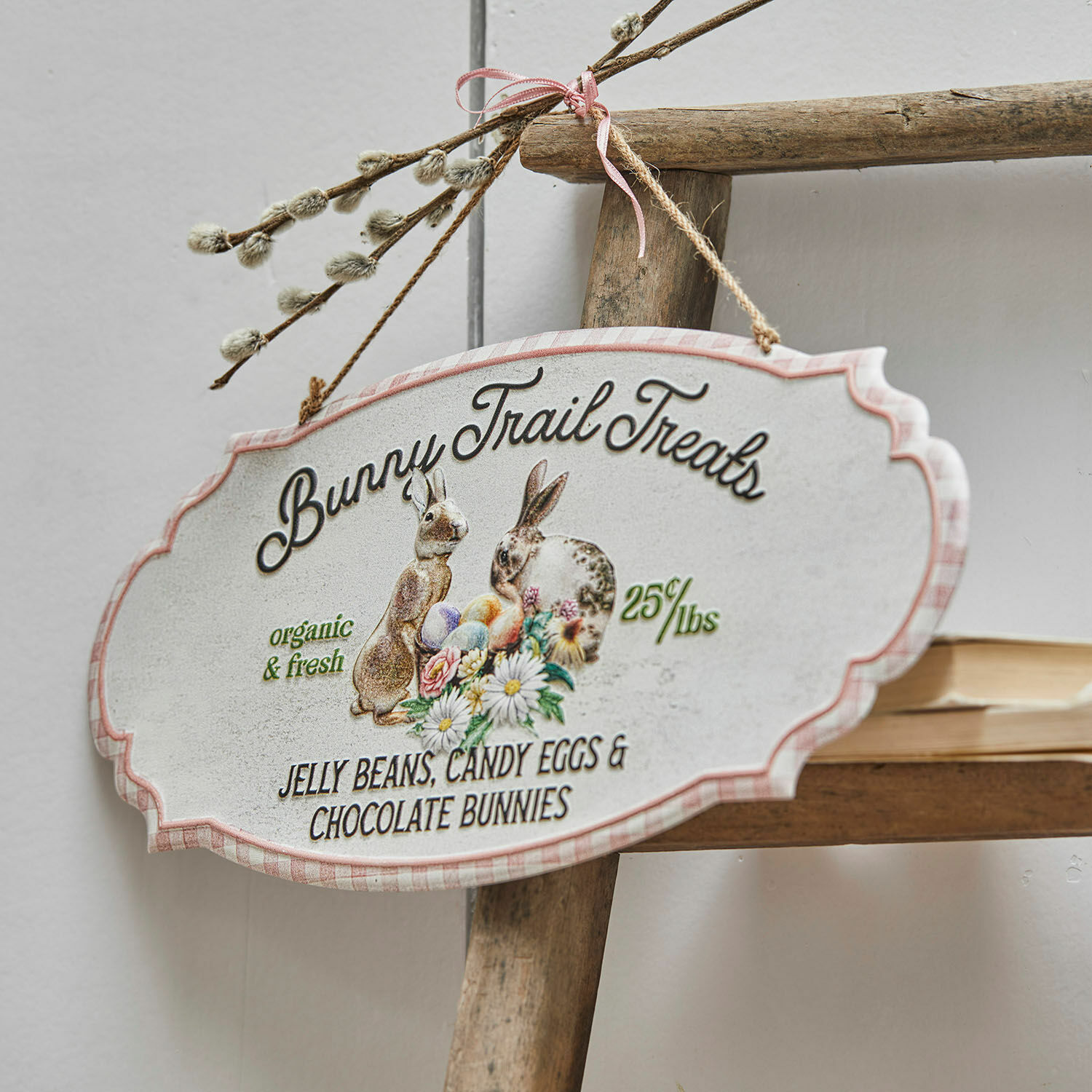 Cartel decorativo Bunny Trail Treats con conejos y huevos de Pascua, estilo rústico para el hogar