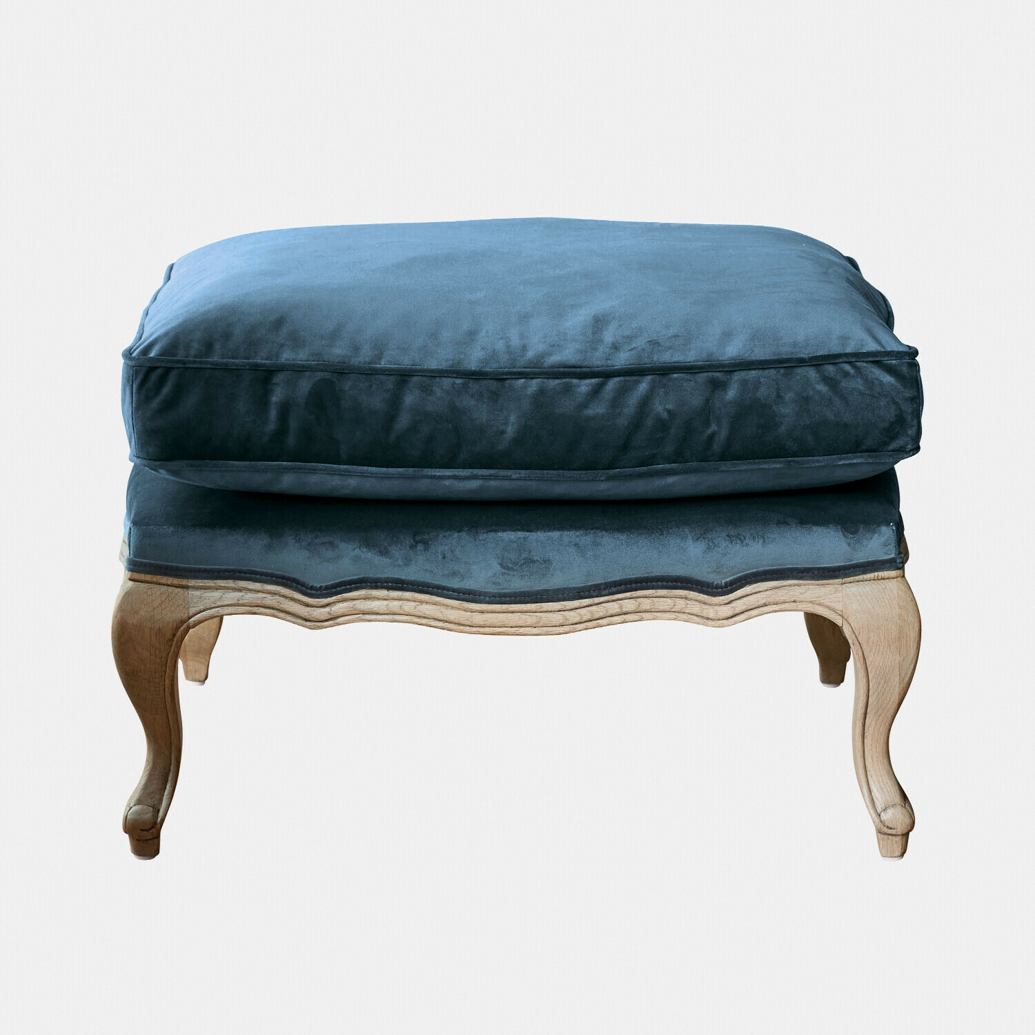 azul/marrón Reposapiés Corlay con asiento de terciopelo azul y patas de madera marrón, estilo vintage