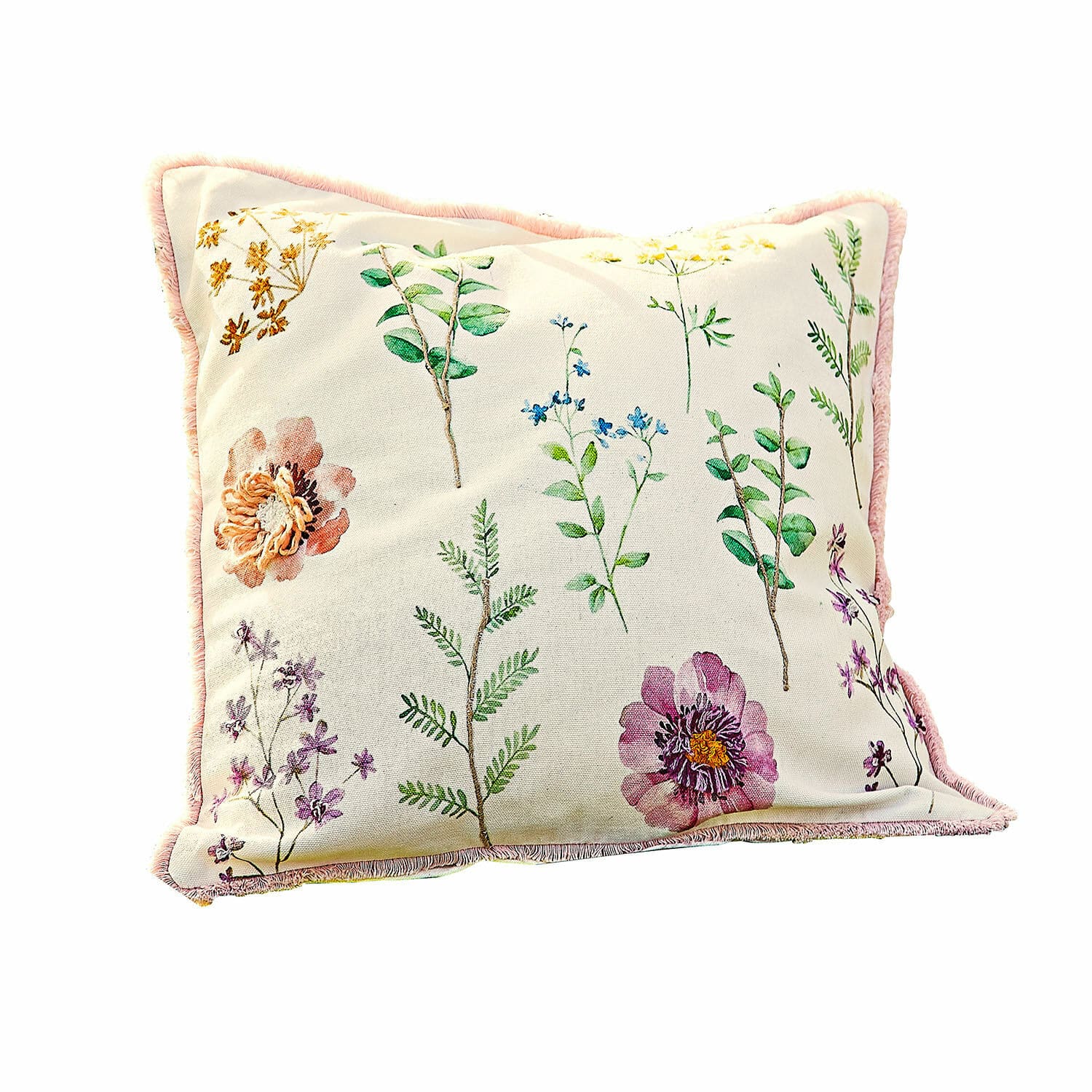 Funda de cojín Fahzoura Cojín decorativo de algodón color crema con estampado floral y borde rosa para sala