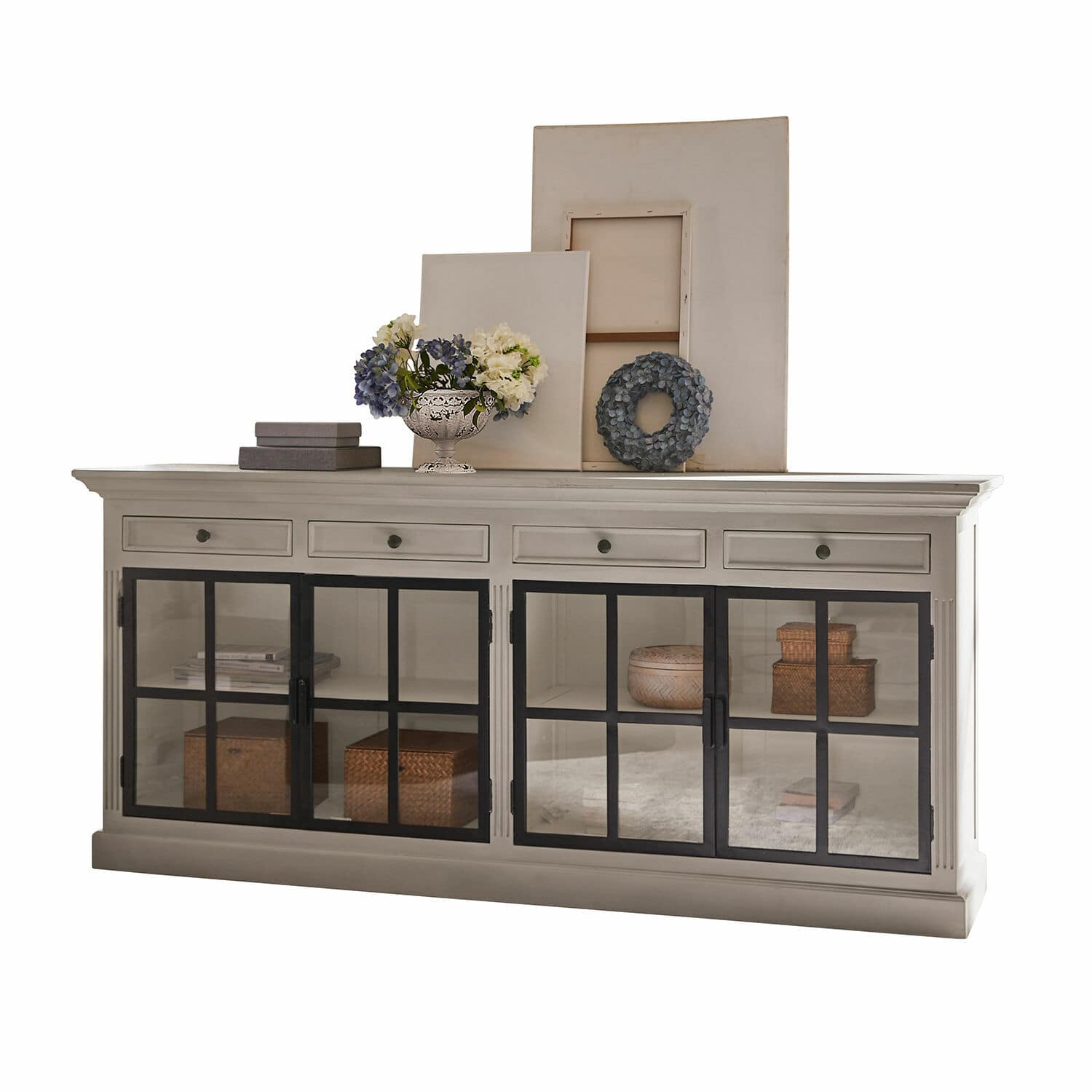 Cómoda Pratola Aparador de madera blanca con puertas de cristal negras y decoraciones en la parte superior para salón