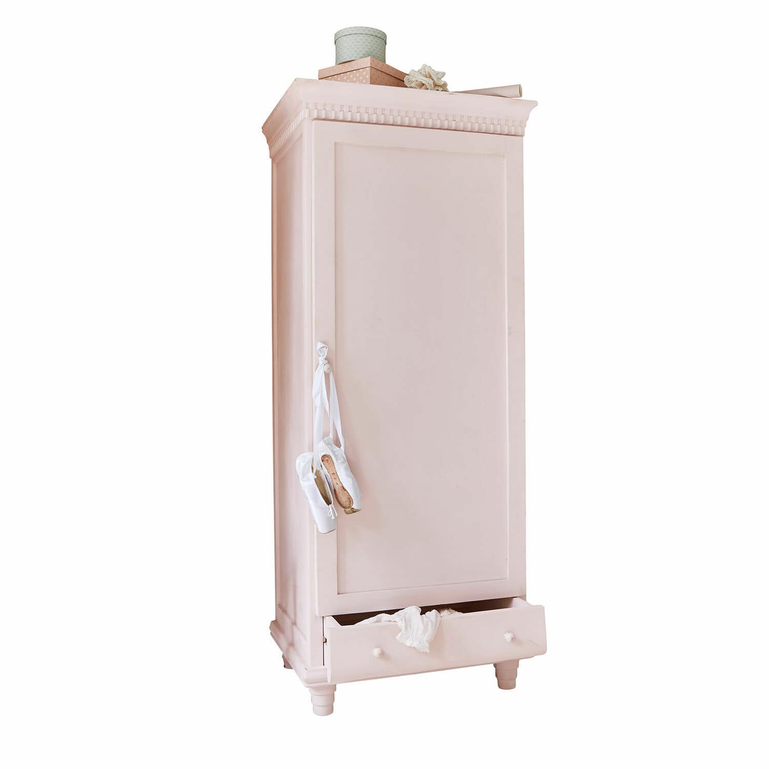 Armario Solevreux Armario de madera rosa con cajón y soporte para zapatillas de ballet, mueble de almacenamiento vintage