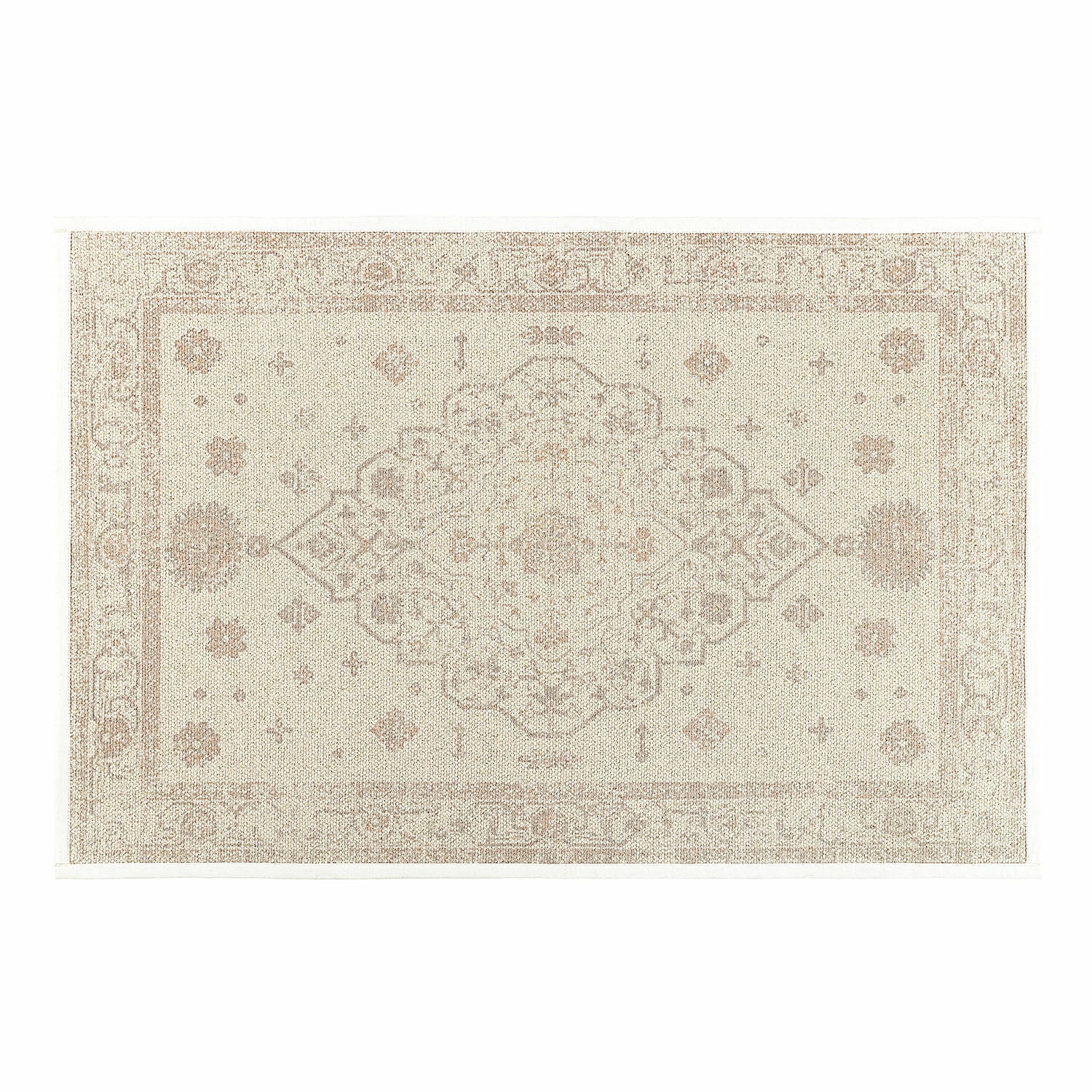 Alfombra beige con delicado diseño oriental, material resistente, ideal para sala de estar