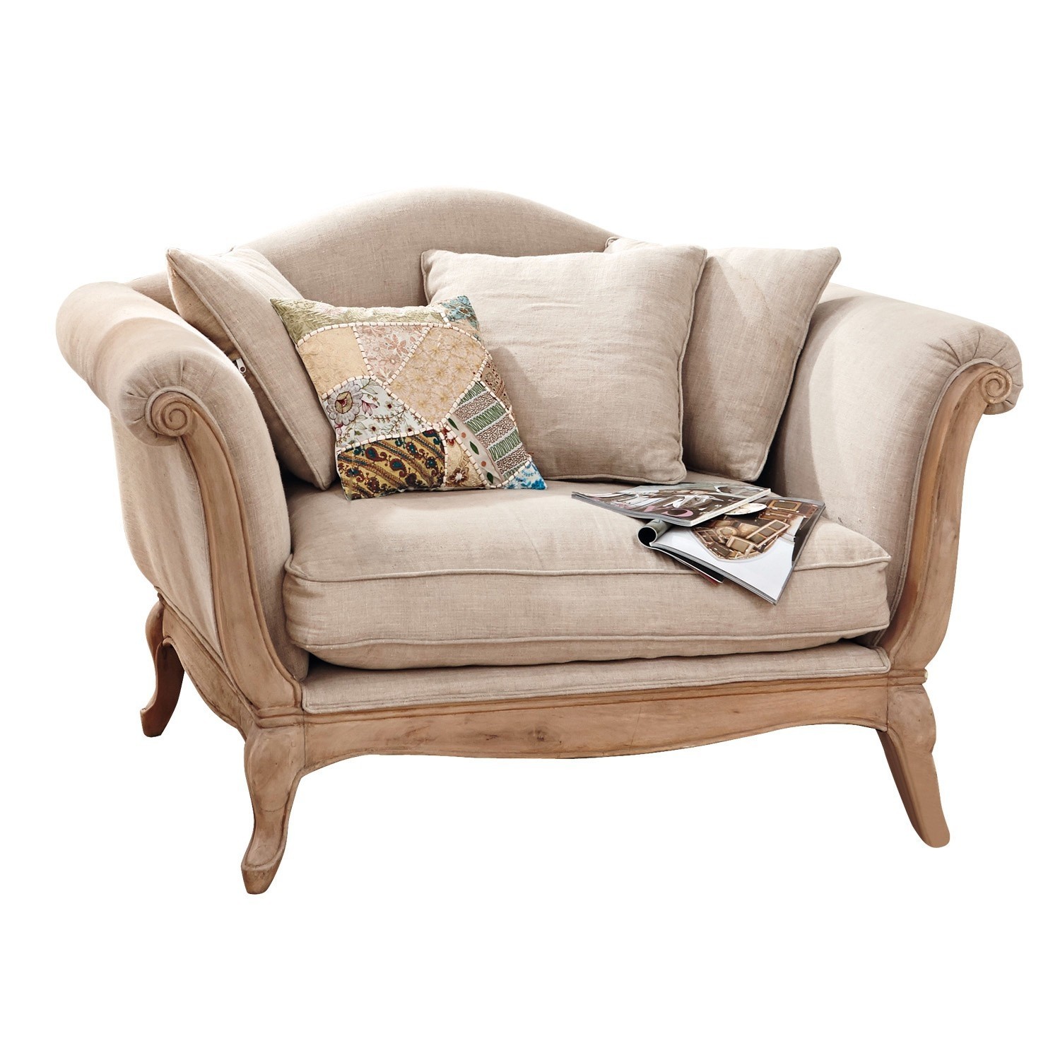 Sillón Sumerset Sofá beige con marco de madera y cojines suaves, estilo vintage para sala de estar
