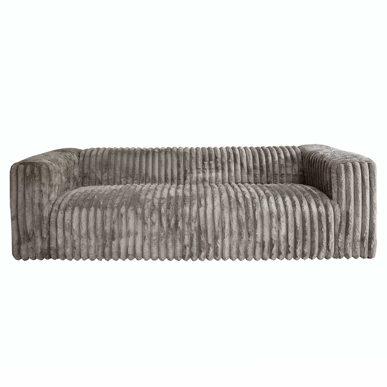 Sofá moderno de terciopelo gris con diseño acanalado, cómodo para salón y descanso