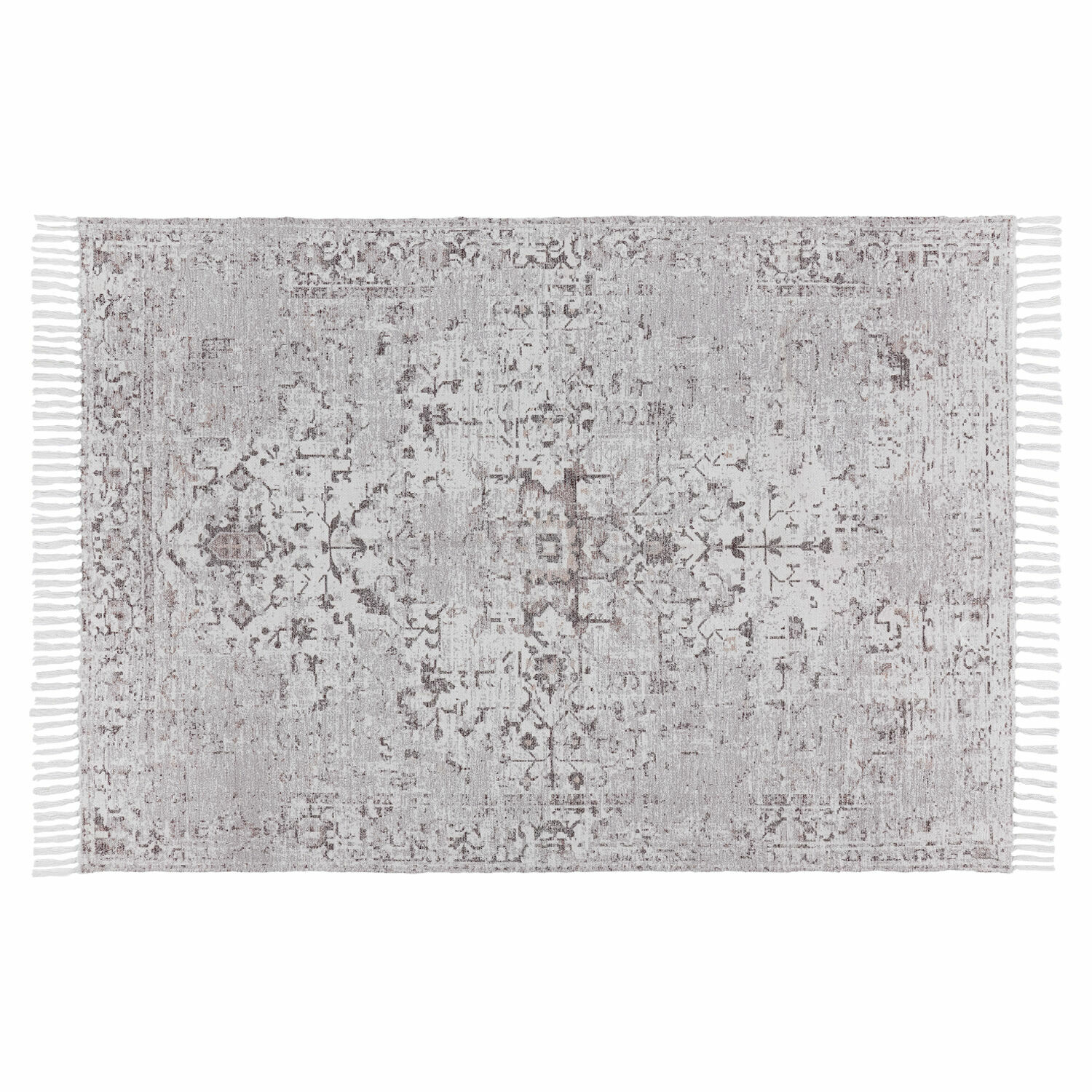 Alfombra gris con diseño sutil y flecos, material suave para decoración interior