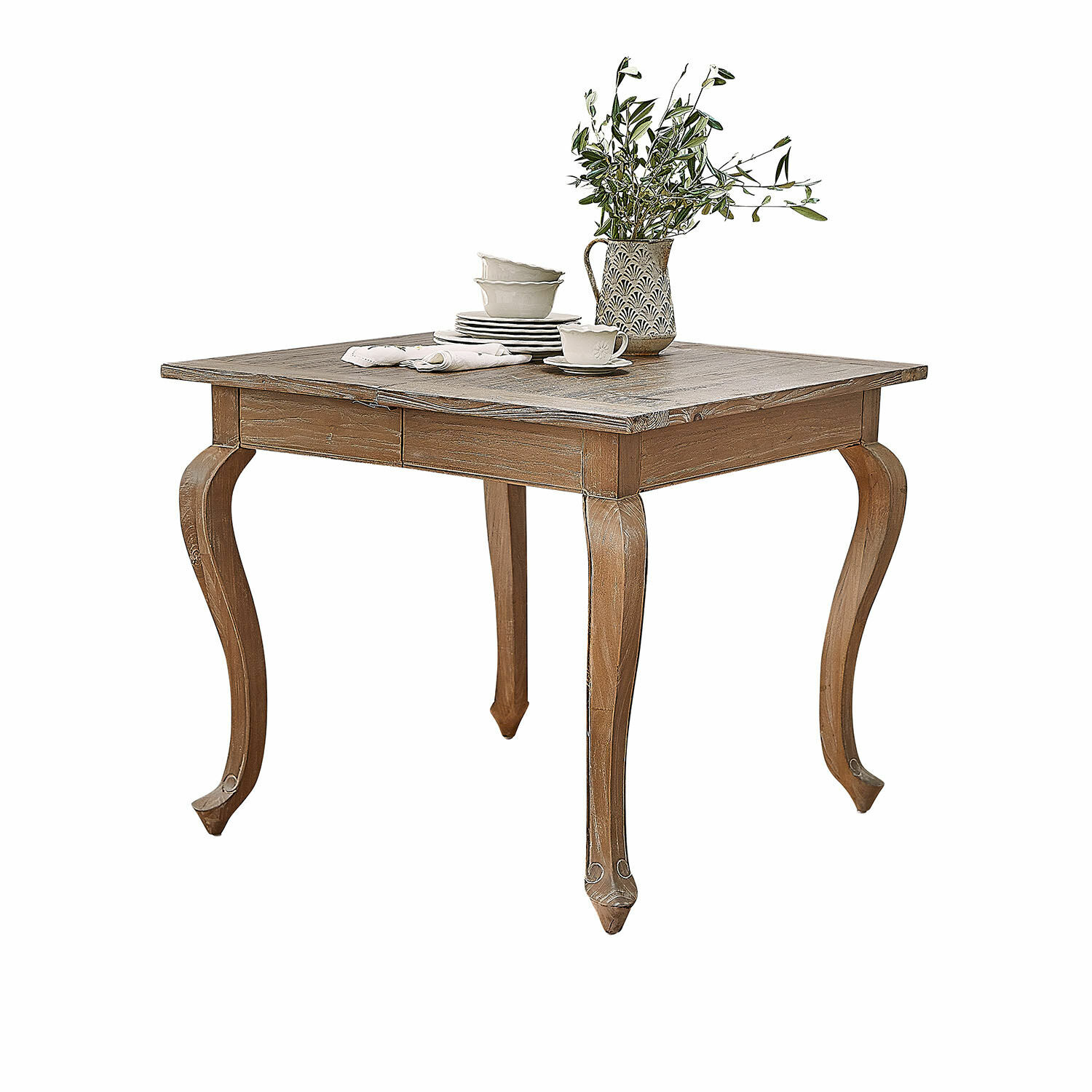 Mesa Plaish Mesa cuadrada de madera con patas decorativas y vajilla de cerámica en color natural
