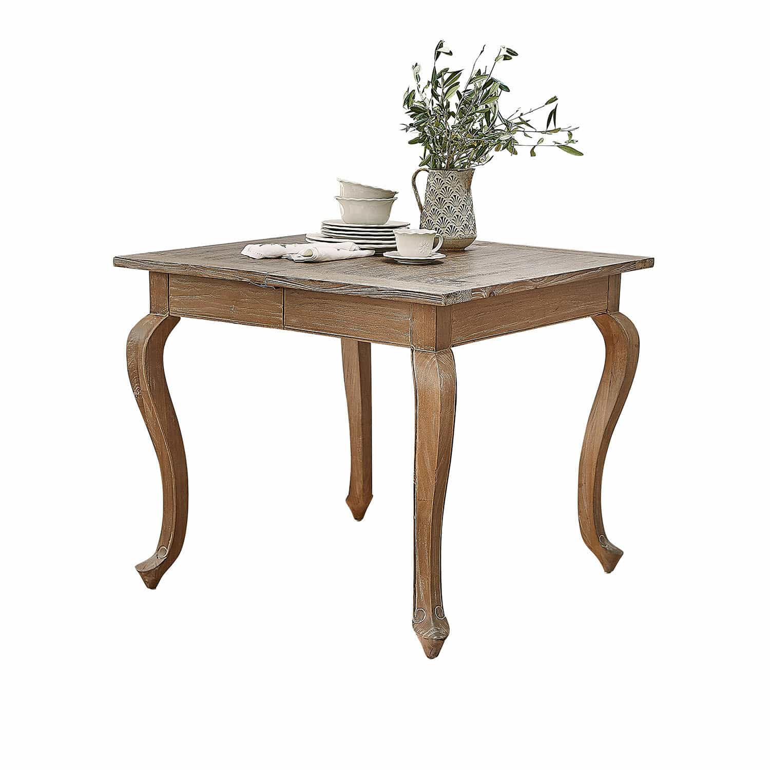 Mesa Plaish Mesa cuadrada de madera con patas decorativas y vajilla de cerámica en color natural
