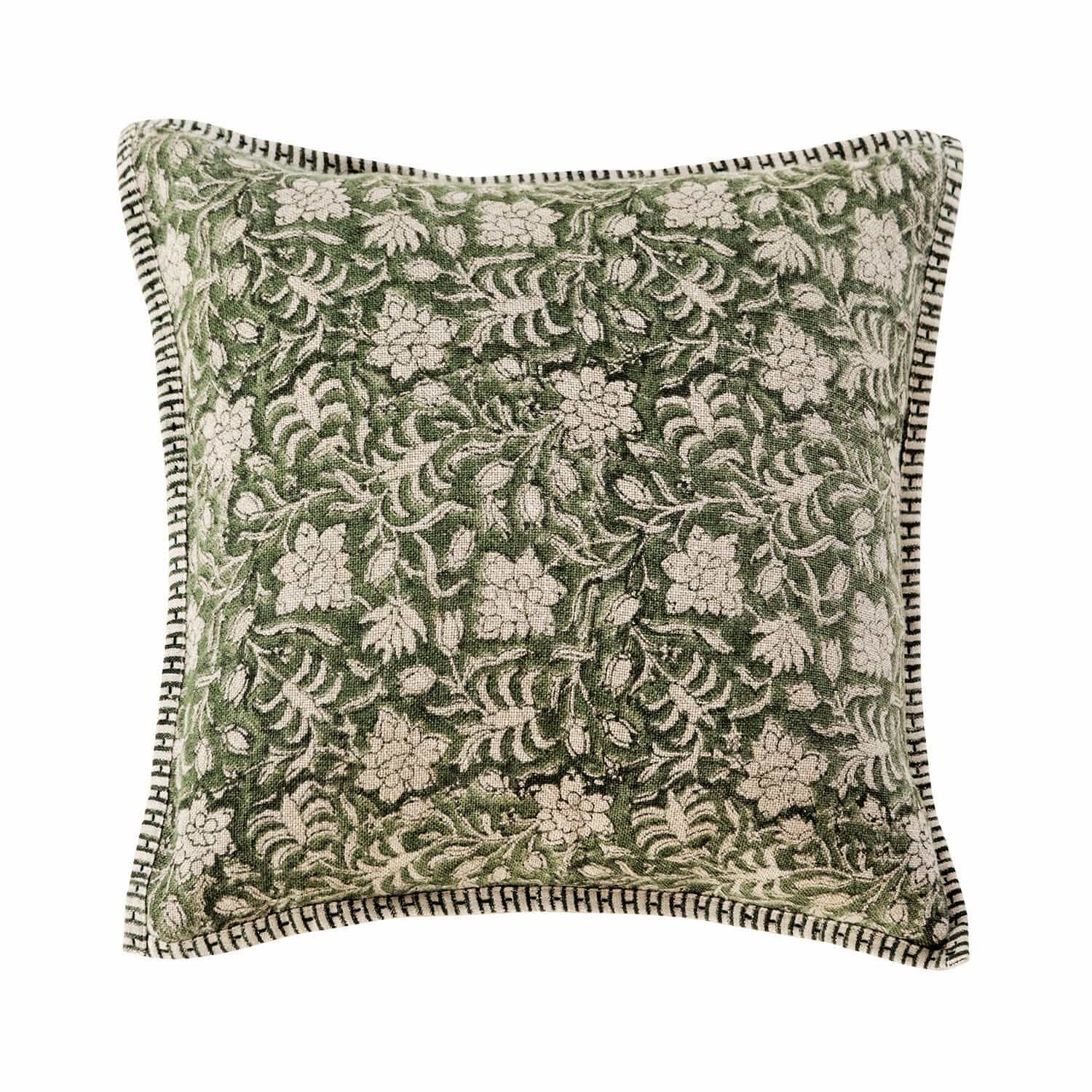 Funda de cojín Petitmagny Cojín decorativo verde de algodón con diseño floral y borde decorativo para sala