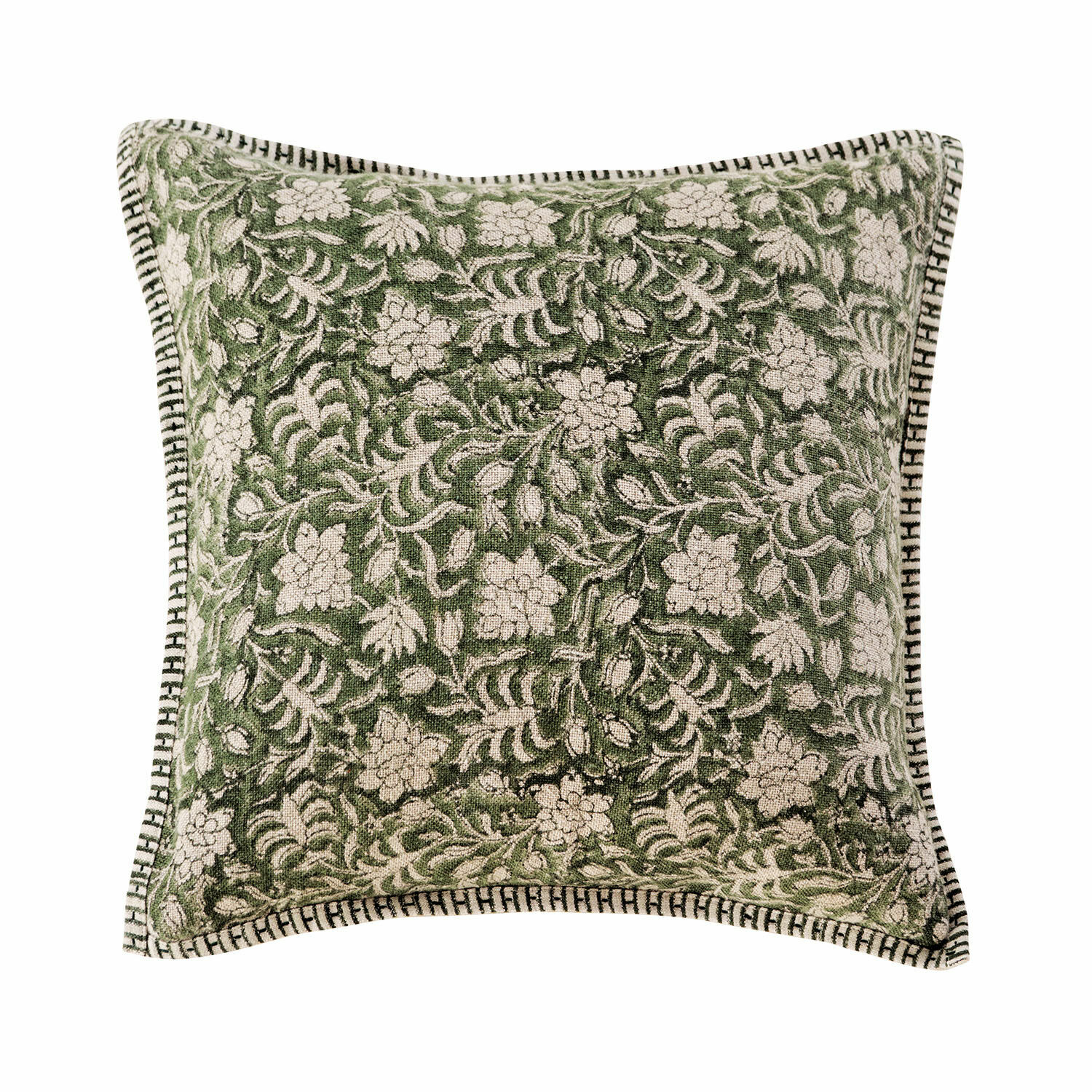 Funda de cojín Petitmagny Cojín decorativo verde de algodón con diseño floral y borde decorativo para sala