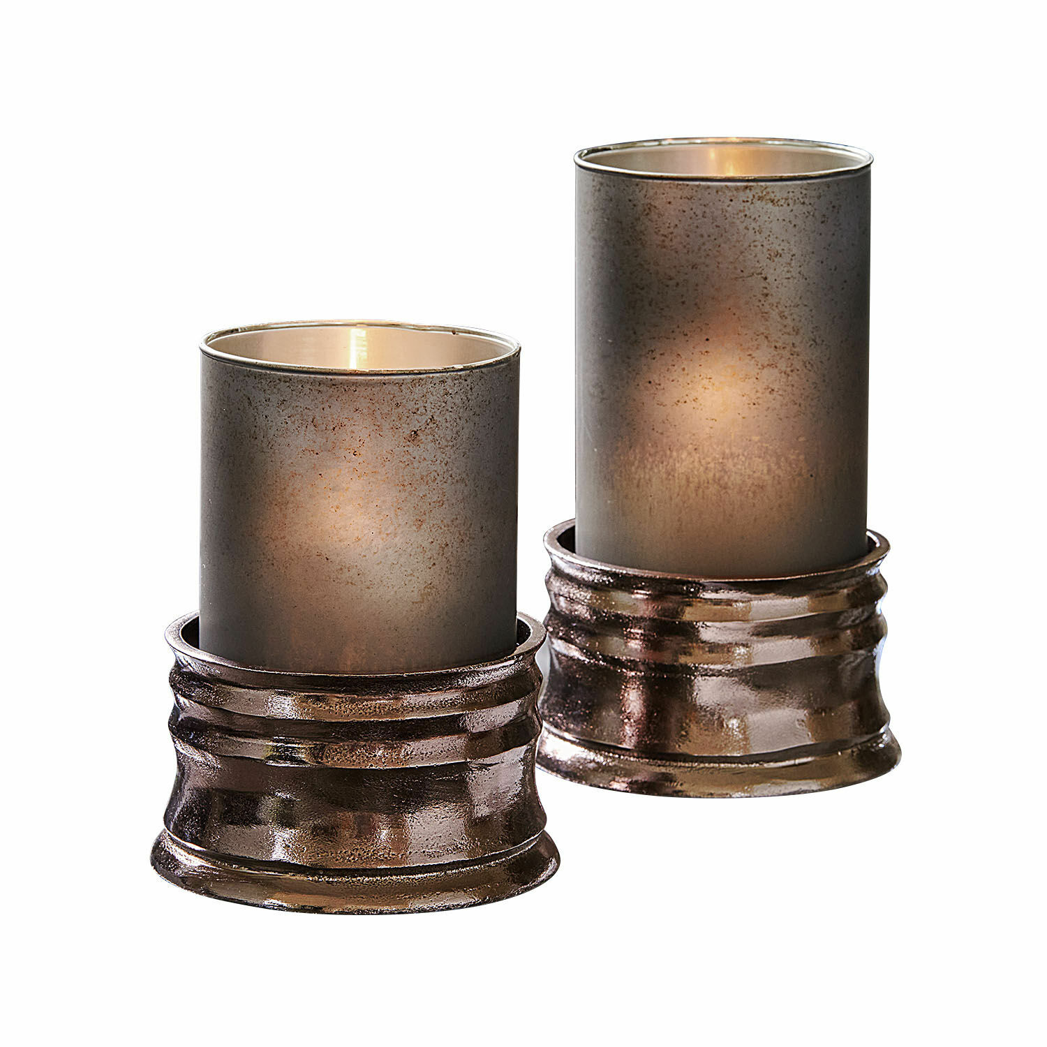 Set de 2 portavelas Eirun Conjunto de dos portavelas de metal marrón con pantallas de vidrio mate para decoración del hogar