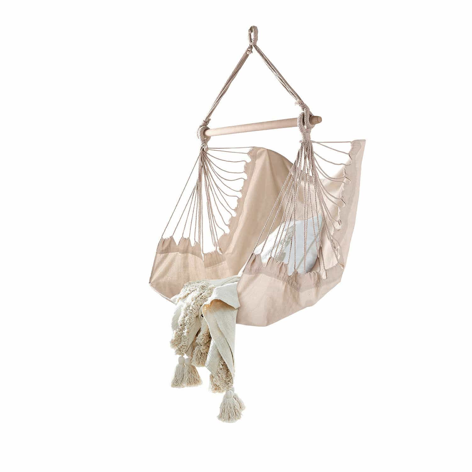 Silla colgante Leano Silla colgante beige de algodón con barra de madera y manta decorativa para relajación en casa