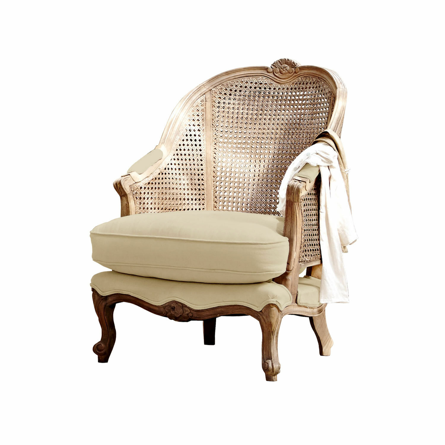 Sillón Drambon Sillón clásico de madera con cojín beige, color natural, estilo vintage para salón