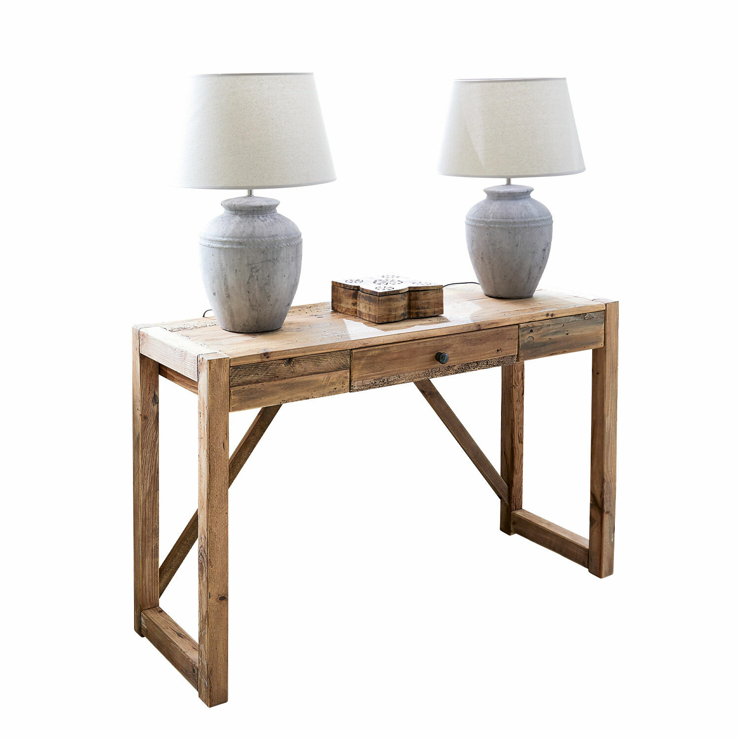 Consola Contoire Escritorio de madera natural con cajón y dos lámparas de mesa grises encima