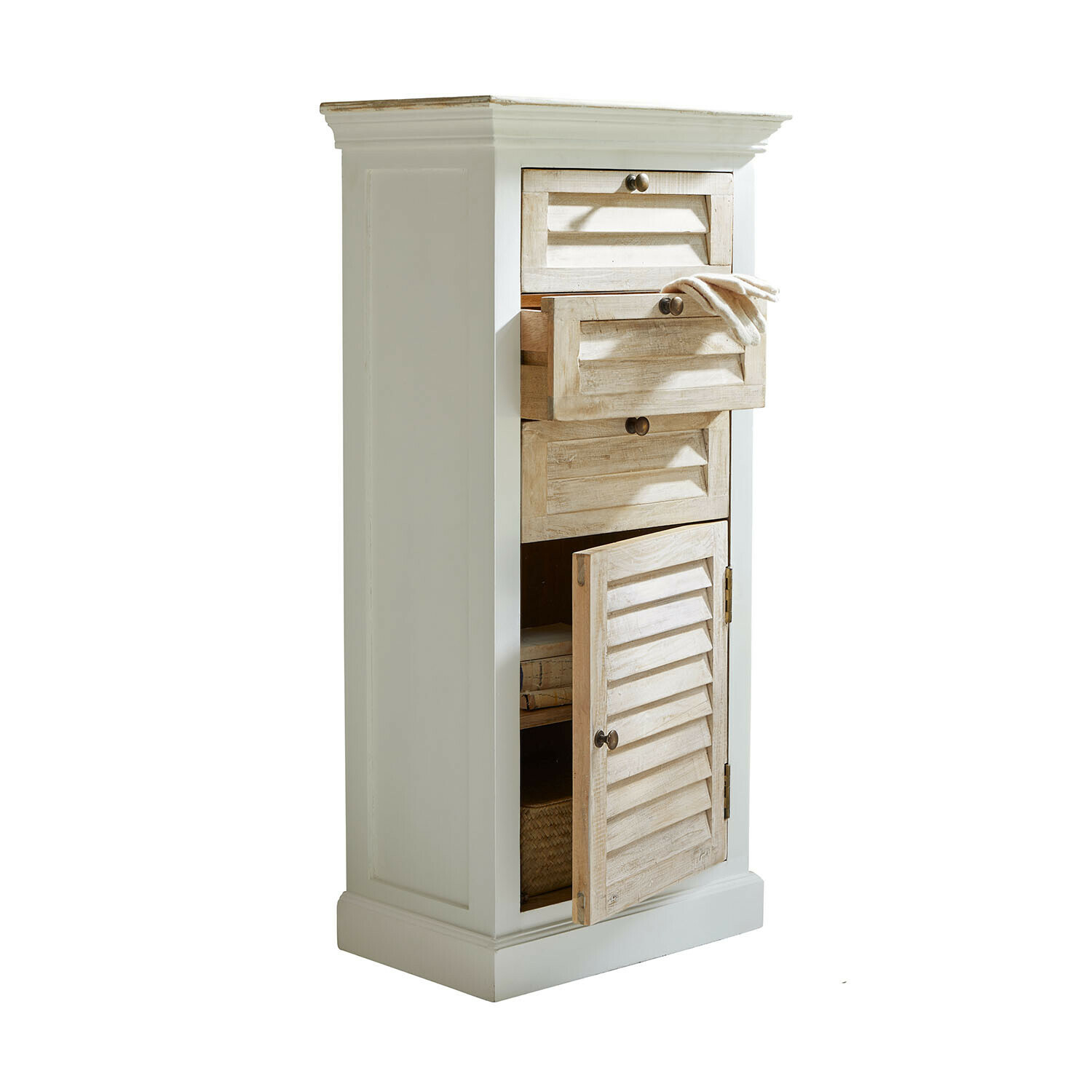 Cómoda Nivorel Cómoda blanca de madera con cajones y puerta de lamas en madera clara, mueble de almacenamiento