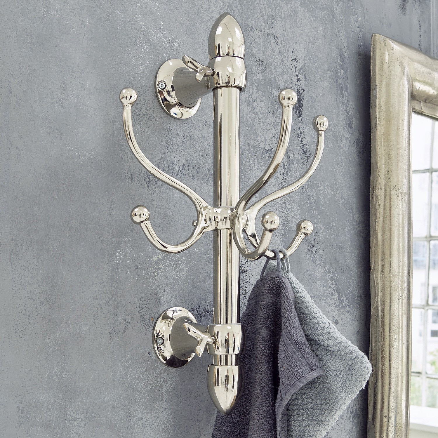 Perchero Anthé Perchero de pared de metal cromado con ganchos para toallas en baño gris