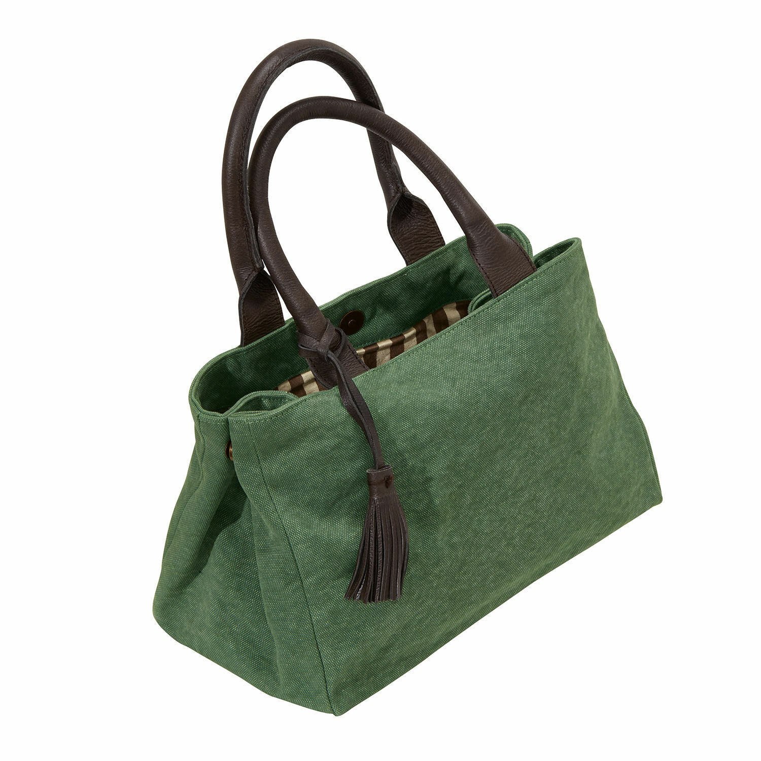 verde Bolso Hoya verde de tela con asas de cuero marrón y borla, bolso práctico para uso diario