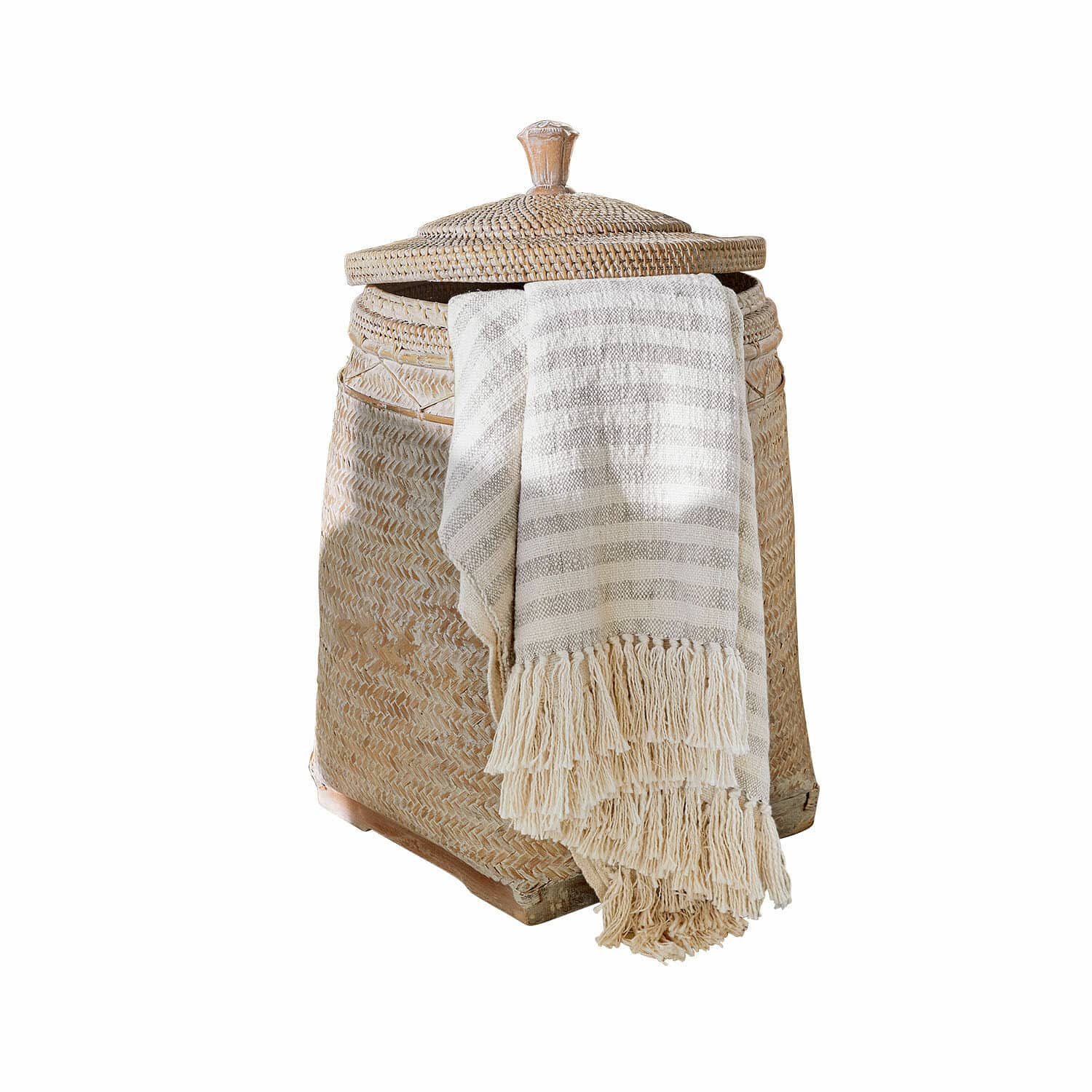 Cesta Suarce Cesta de ratán trenzado natural con tapa y manta beige con flecos para almacenamiento