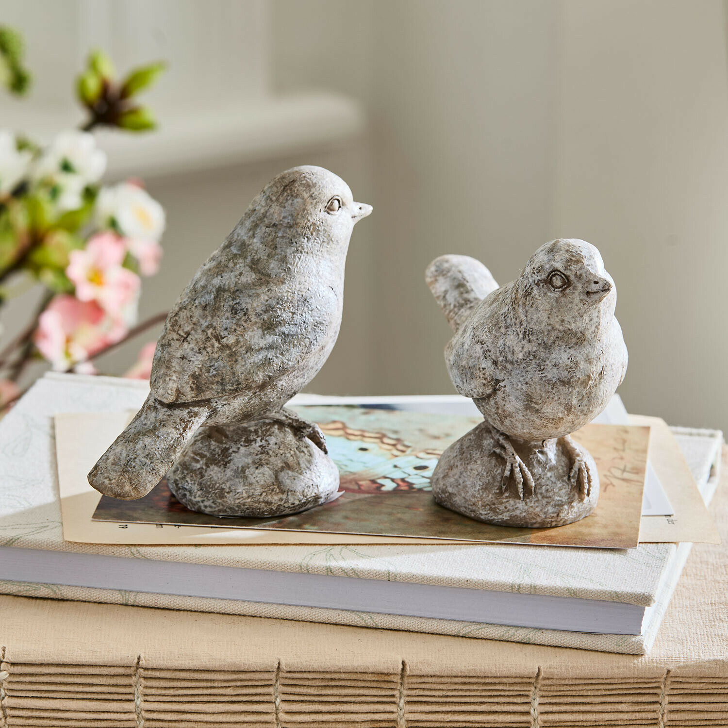 Set de 2 pájaros decorativos Corviano Dos figuras decorativas de pájaros de piedra gris sobre libros, adorno para interiores
