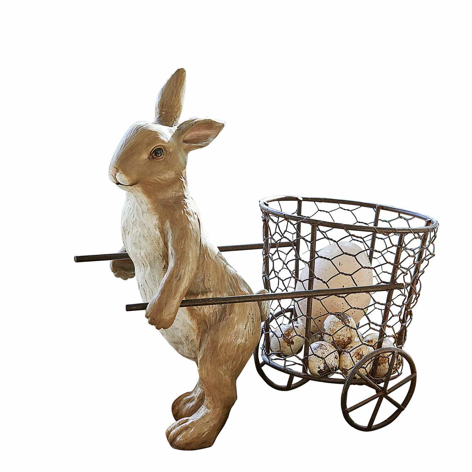Conejo de Pascua Tadino Figura de conejo de madera con carrito metálico y huevos decorativos en estilo rústico