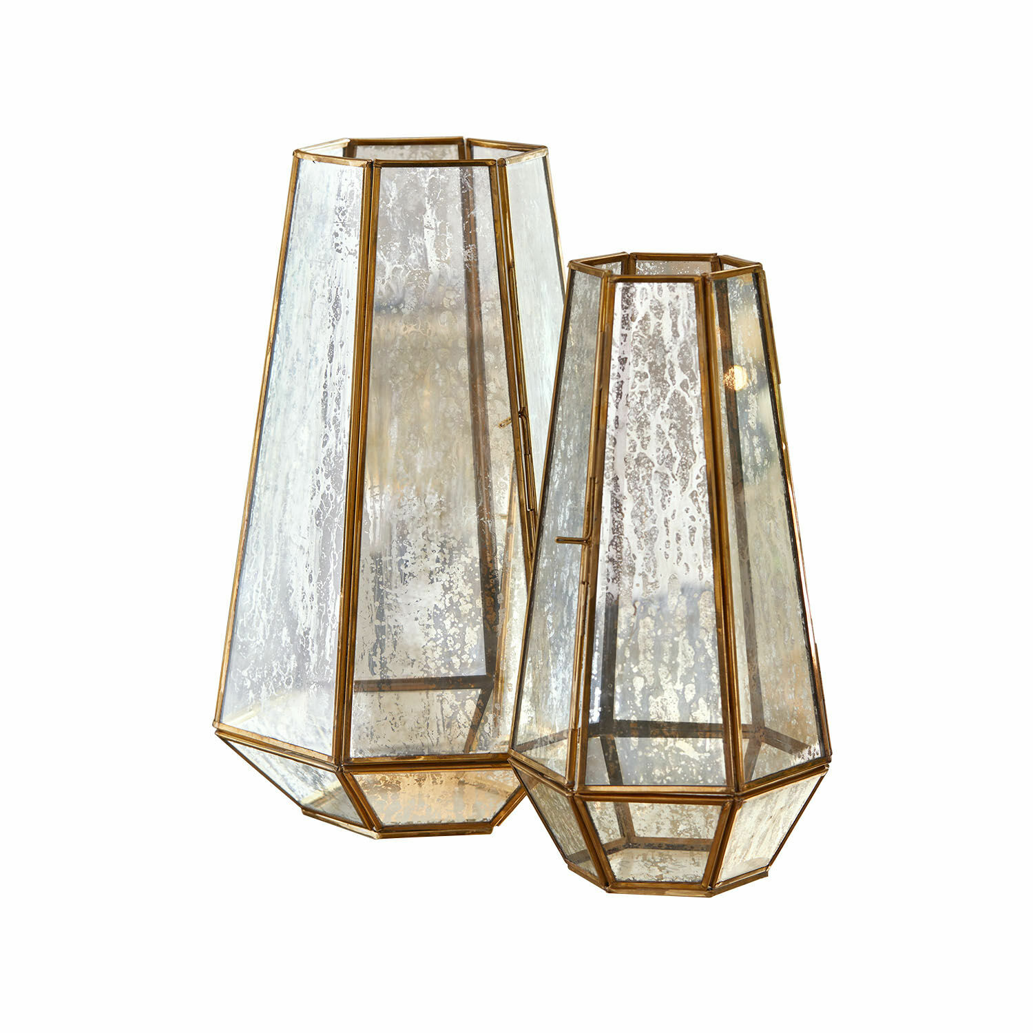 Set de 2 portavelas Mouniza Conjunto de dos faroles de cristal envejecido con marco de latón para decoración vintage de interiores