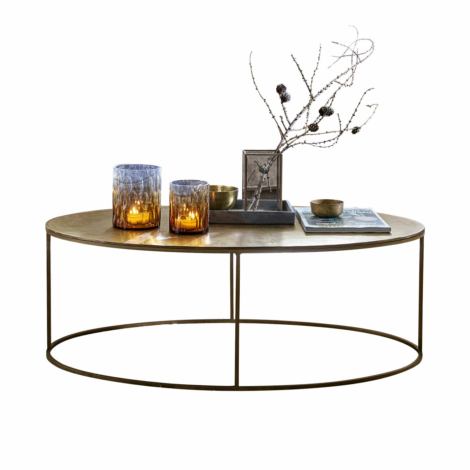 Mesa de centro Leron Mesa de centro redonda con estructura metálica y tablero de madera color natural con decoración