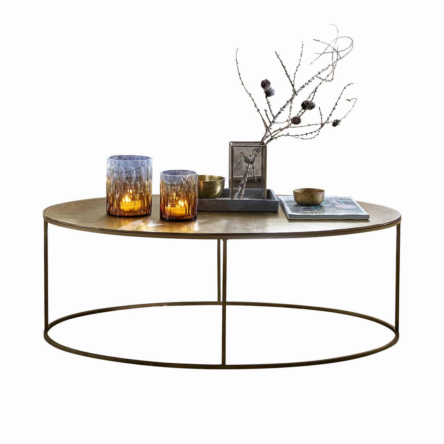 Mesa de centro Leron Mesa de centro redonda con estructura metálica y tablero de madera color natural con decoración