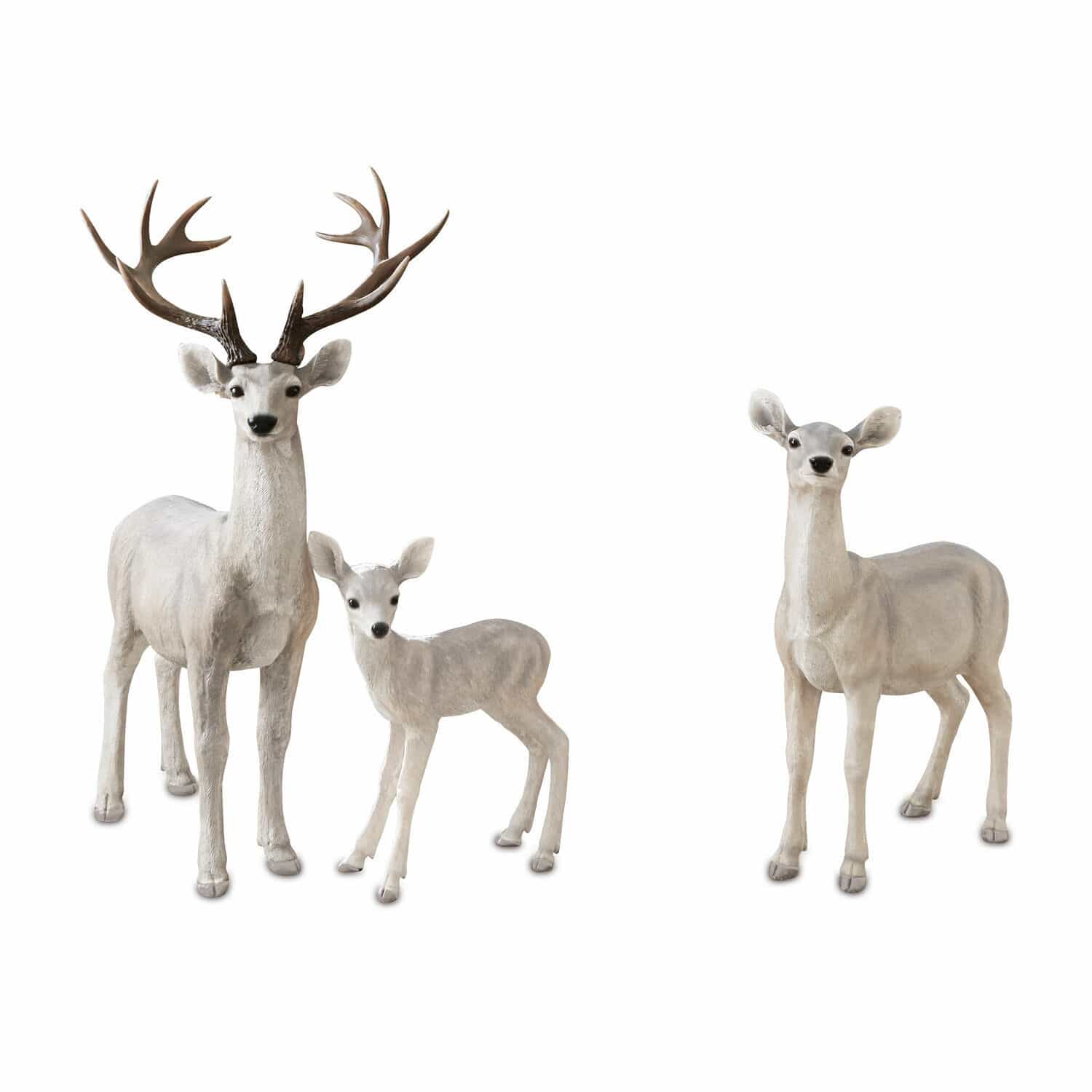 Conjunto de tres ciervos decorativos en color blanco antiguo para interiores y jardines
