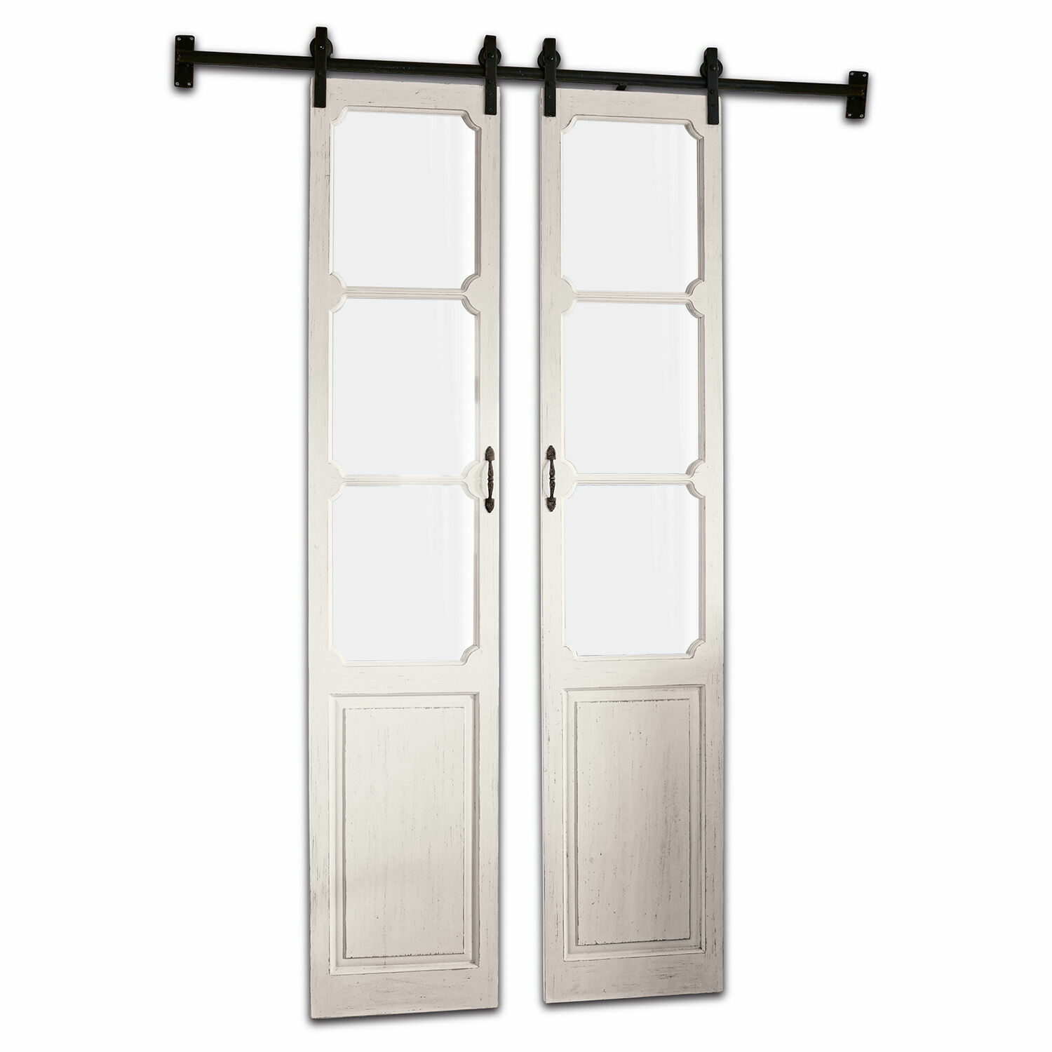 blanco envejecido Puerta corredera doble Tibout en madera blanca antigua con paneles de vidrio para interiores